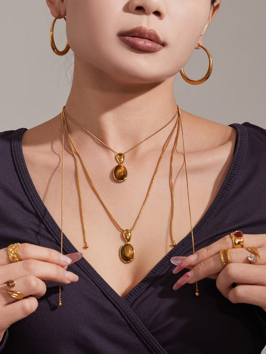 316L Stainless Steel Natural Stone Vintage Oval Pendant Necklace - front view showcase