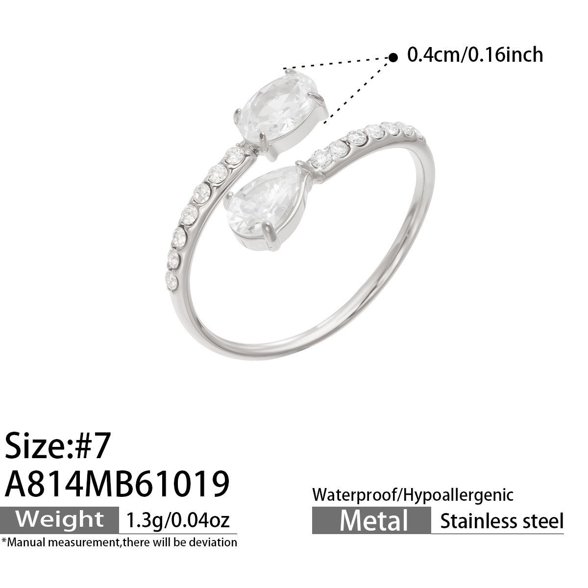 A814 steel-tone stainless steel adjustable open ring with clear glass and white cubic zirconia accents
