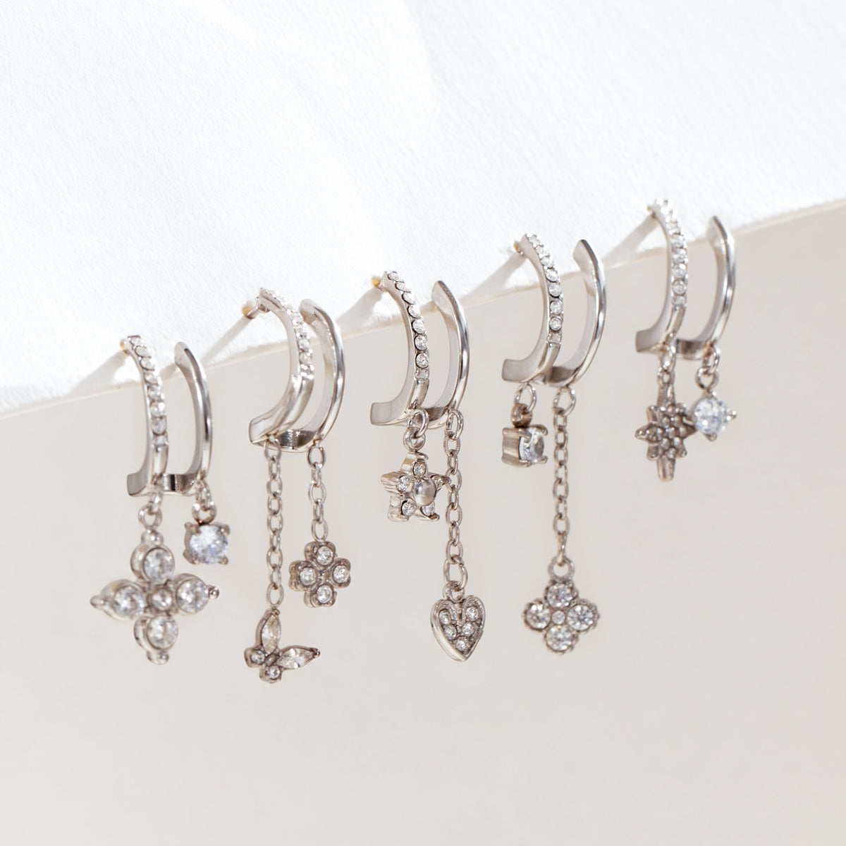 Assorted steel-tone stainless steel cubic zirconia charm drop earrings