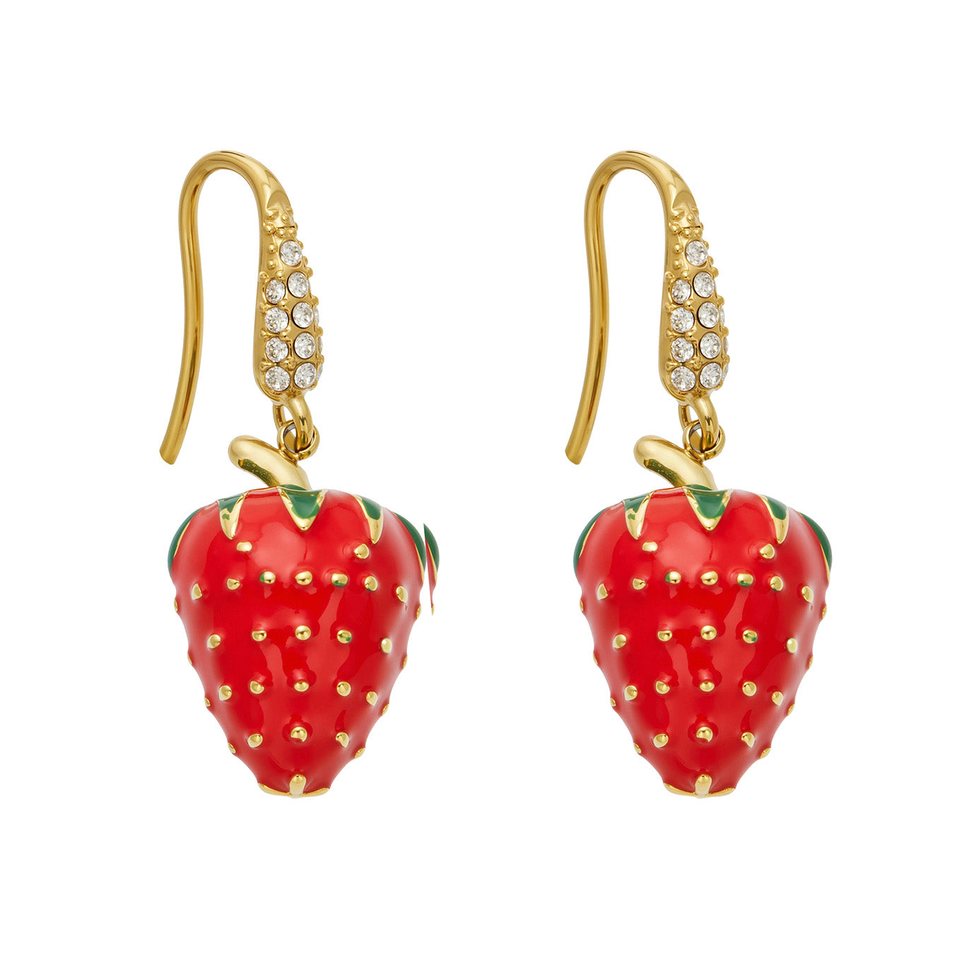 Red strawberry cubic zirconia drop earrings in 316L stainless steel with 18K PVD gold finish