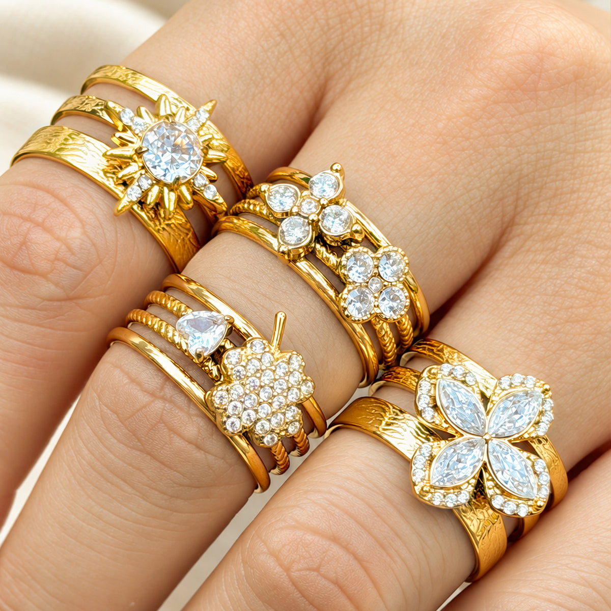 316L Stainless Steel 18K PVD Gold Sunflower Zircon Open Ring made with 316L stainless steel and 18K PVD gold finish for wholesale jewelry buyers - image 13