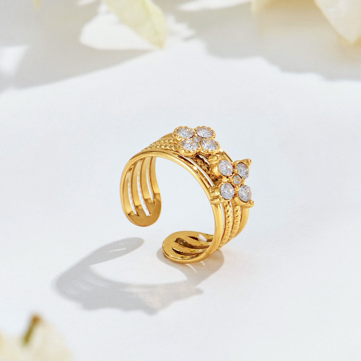 316L Stainless Steel 18K PVD Gold Sunflower Zircon Open Ring made with 316L stainless steel and 18K PVD gold finish for wholesale jewelry buyers - image 8