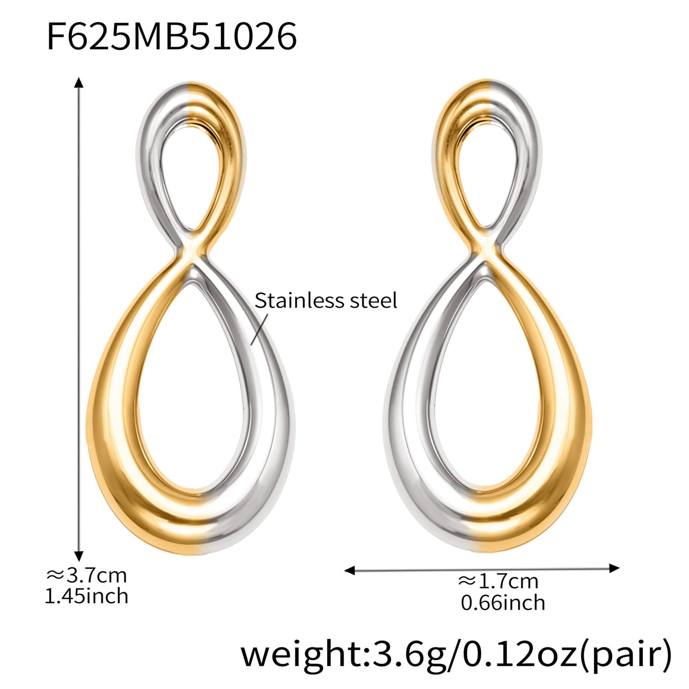 316L Stainless Steel Mixed Metal Two-Tone Infinity Figure-Eight Drop Earrings