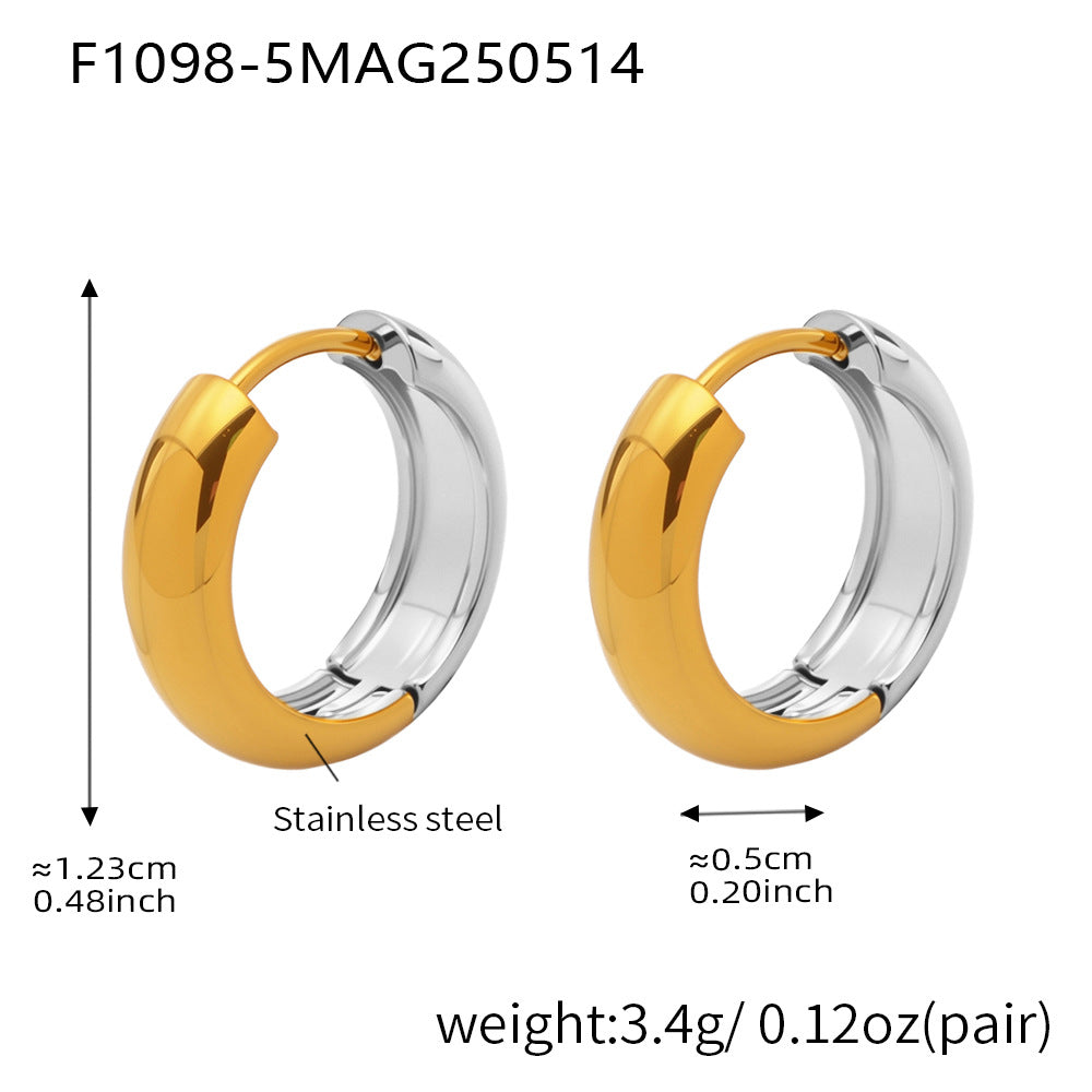Two-tone gold and steel stainless steel hoop earrings measuring approximately 25 mm in outer diameter and 5 mm wide, weighing 3.4g per pair