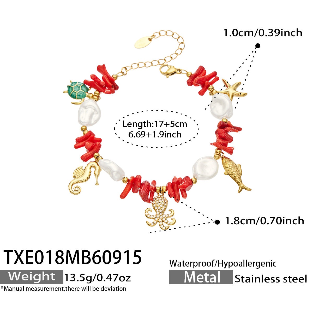 TXE018 gold-tone ocean animal charm bracelet 17+5 cm size details