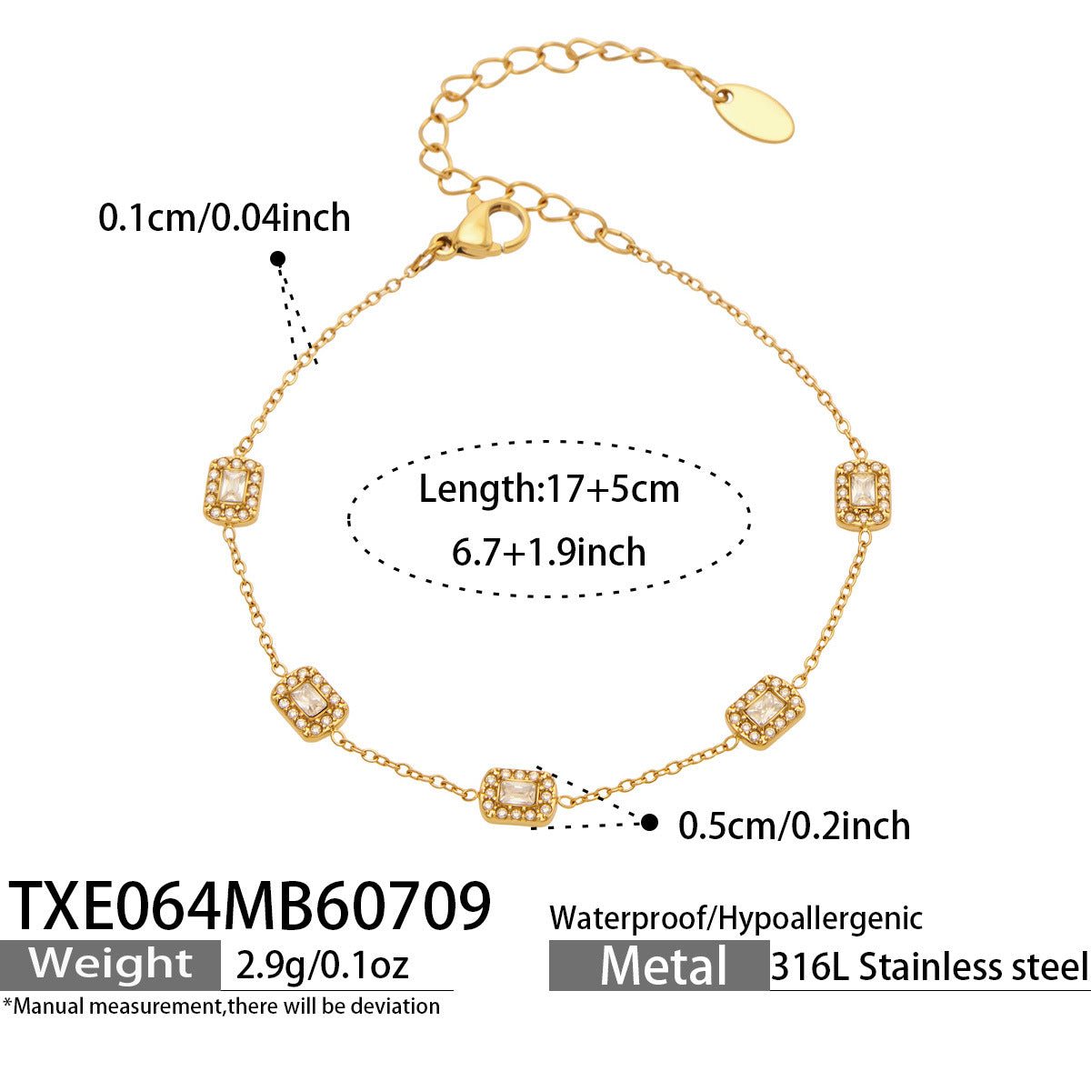 TXE064 square zircon charm bracelet size card with 17+5cm adjustable chain and zircon charm details