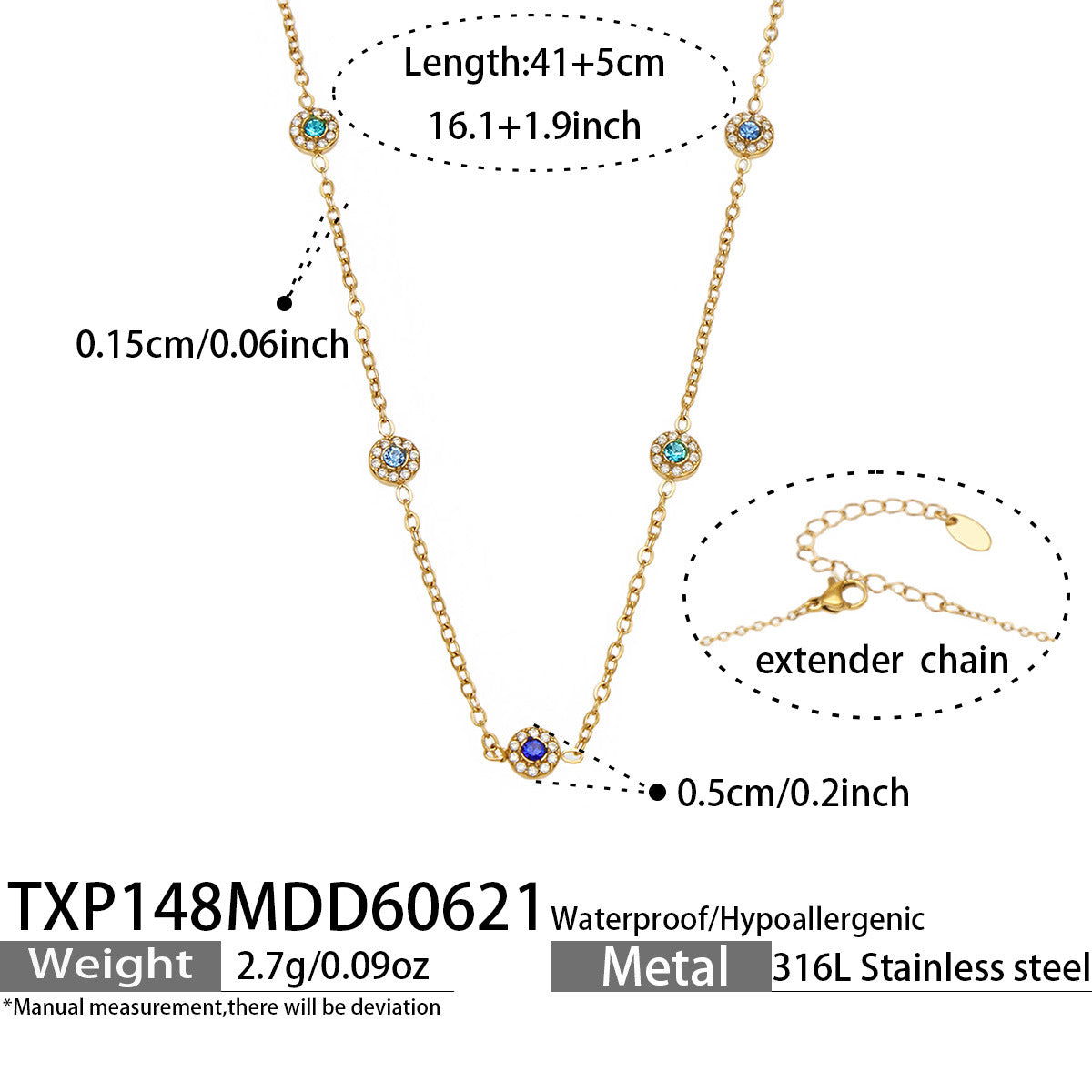 TXE148 blue cubic zirconia gold station bracelet 16.5 plus 5 cm size guide