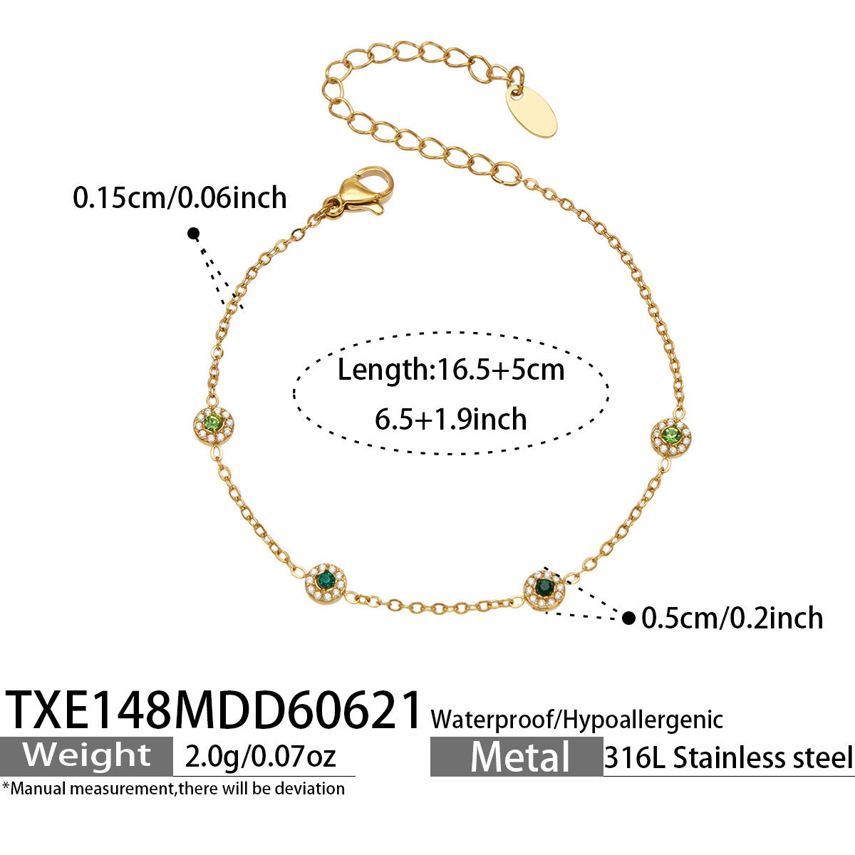 TXE148 green cubic zirconia gold station bracelet 16.5 plus 5 cm size guide