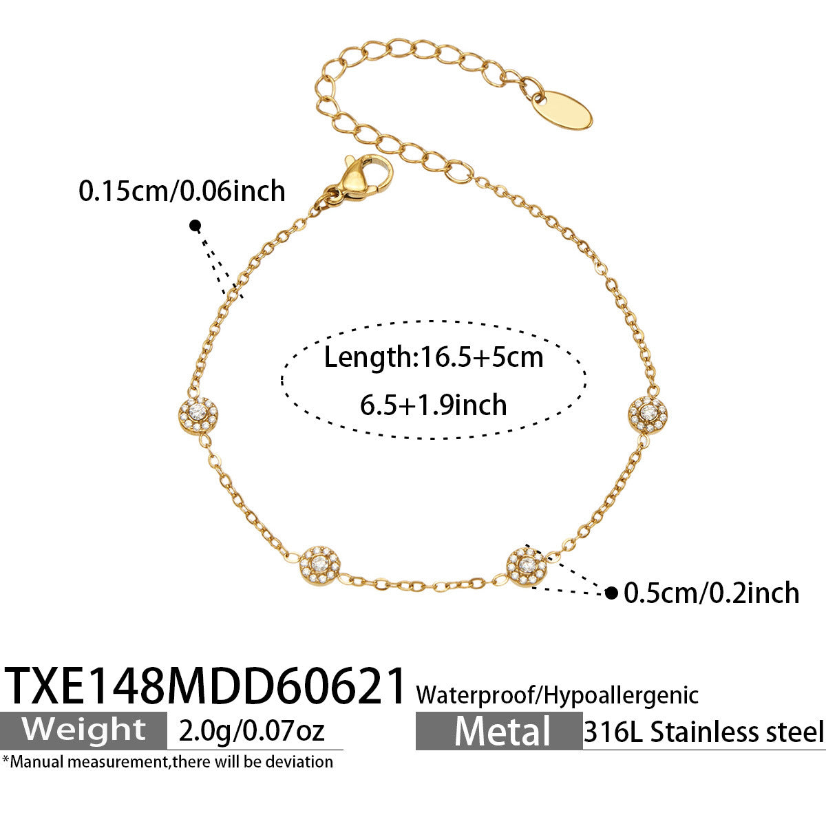 TXE148 white cubic zirconia gold station bracelet 16.5 plus 5 cm size guide