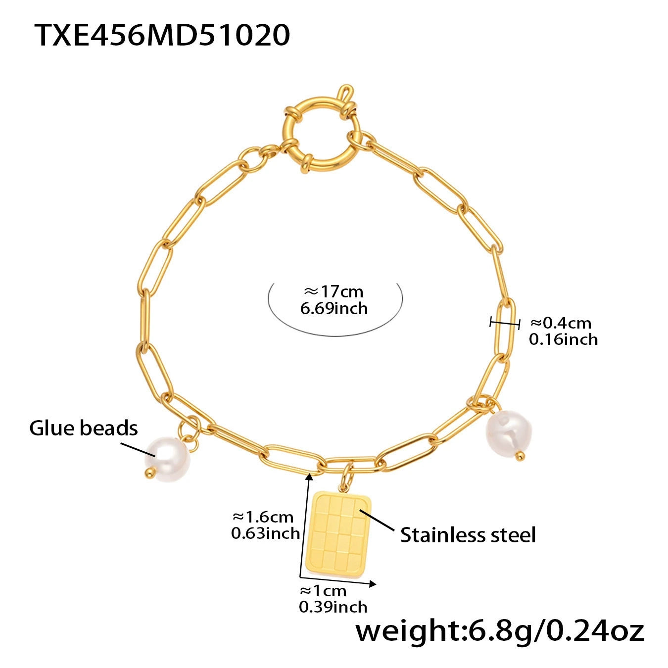 TXE456 gold DIY paperclip charm bracelet size guide, 17 cm