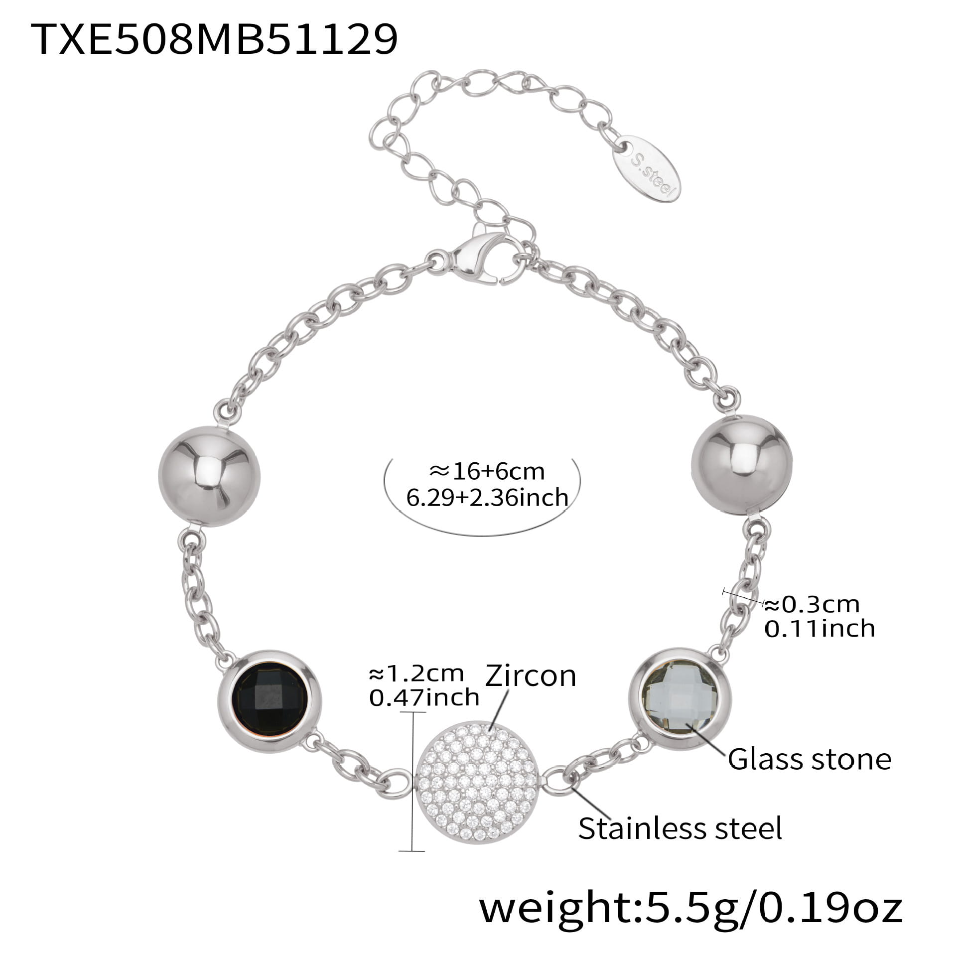 A black glass stone bezel bracelet specification diagram illustrating the surgical-grade steel construction.