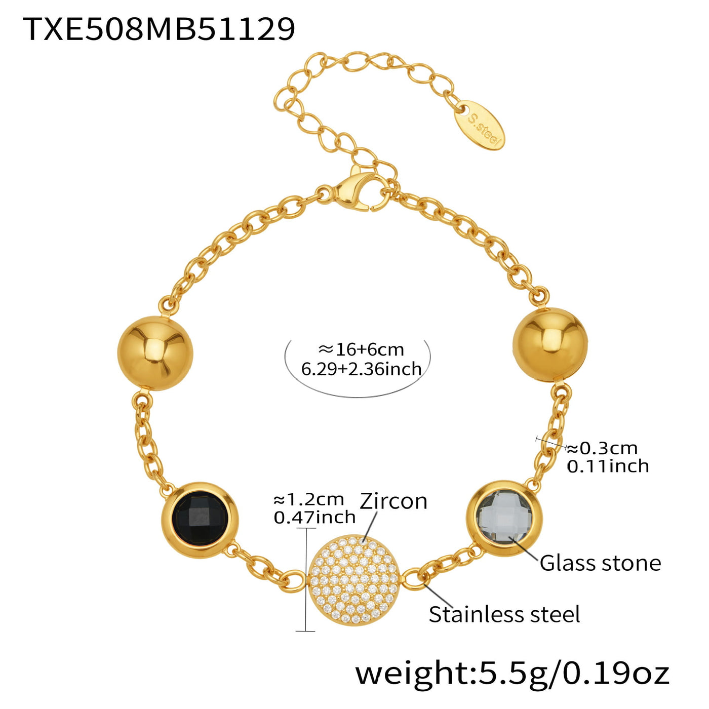 Size specifications for the emerald green bezel bracelet with a focus on its waterproof gold plating.