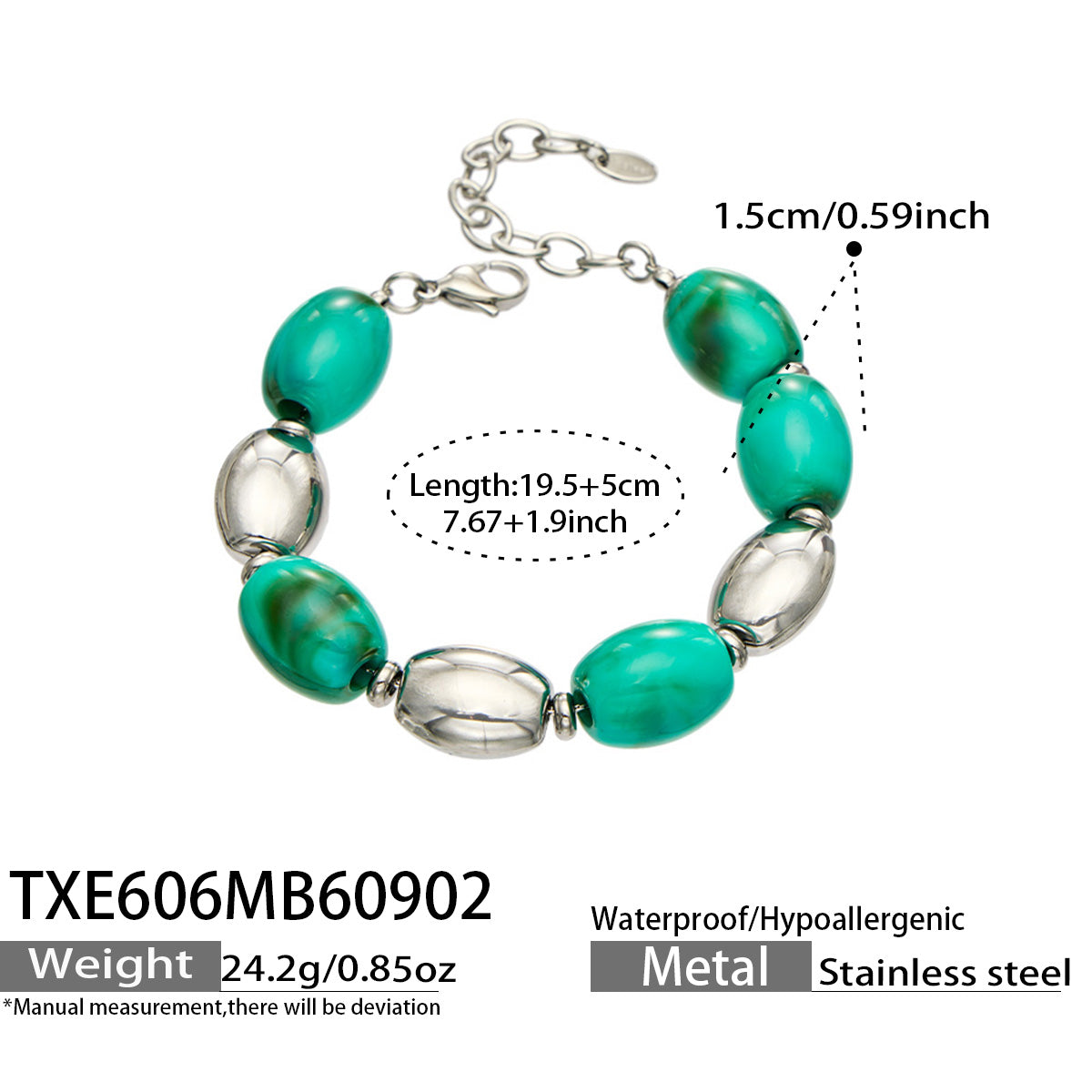 TXE606 Green Resin Steel bracelet with resin beads, polished 316L stainless steel accents and 19.5+5 cm size details