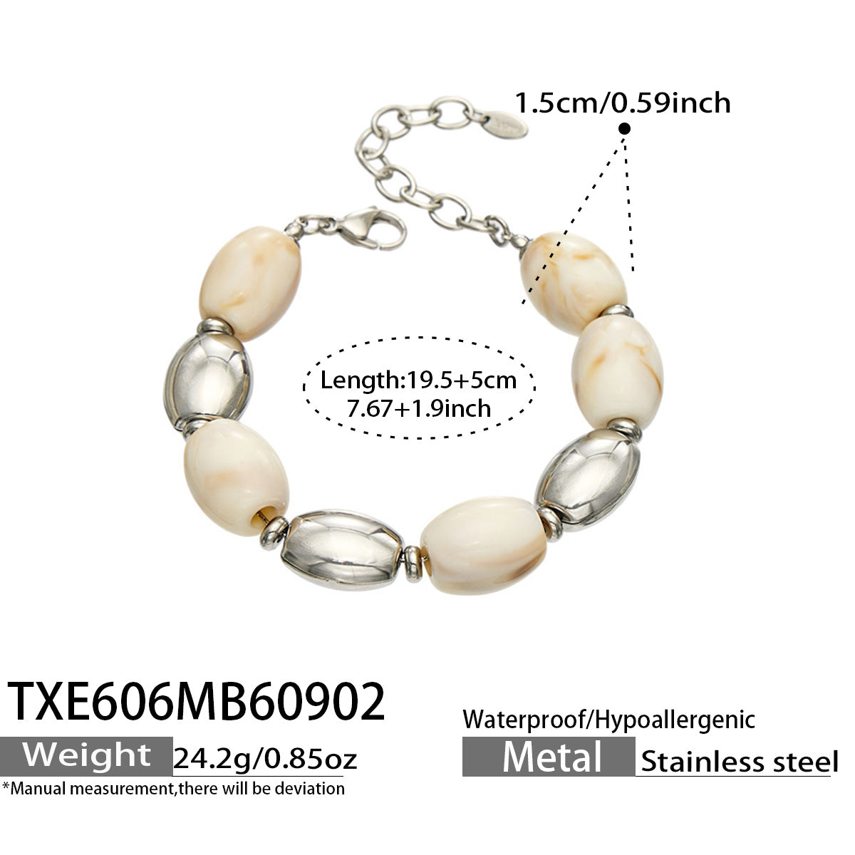 TXE606 Ivory Resin Steel bracelet with resin beads, polished 316L stainless steel accents and 19.5+5 cm size details