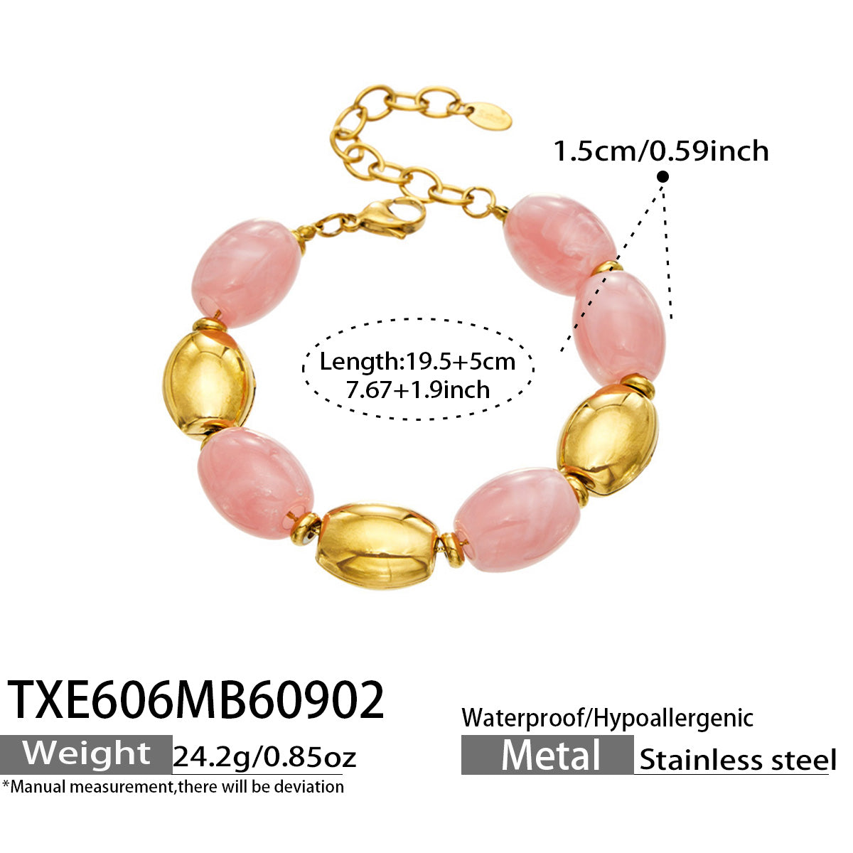 TXE606 Pink Resin Gold bracelet with resin beads, 18K PVD gold finish and 19.5+5 cm size details