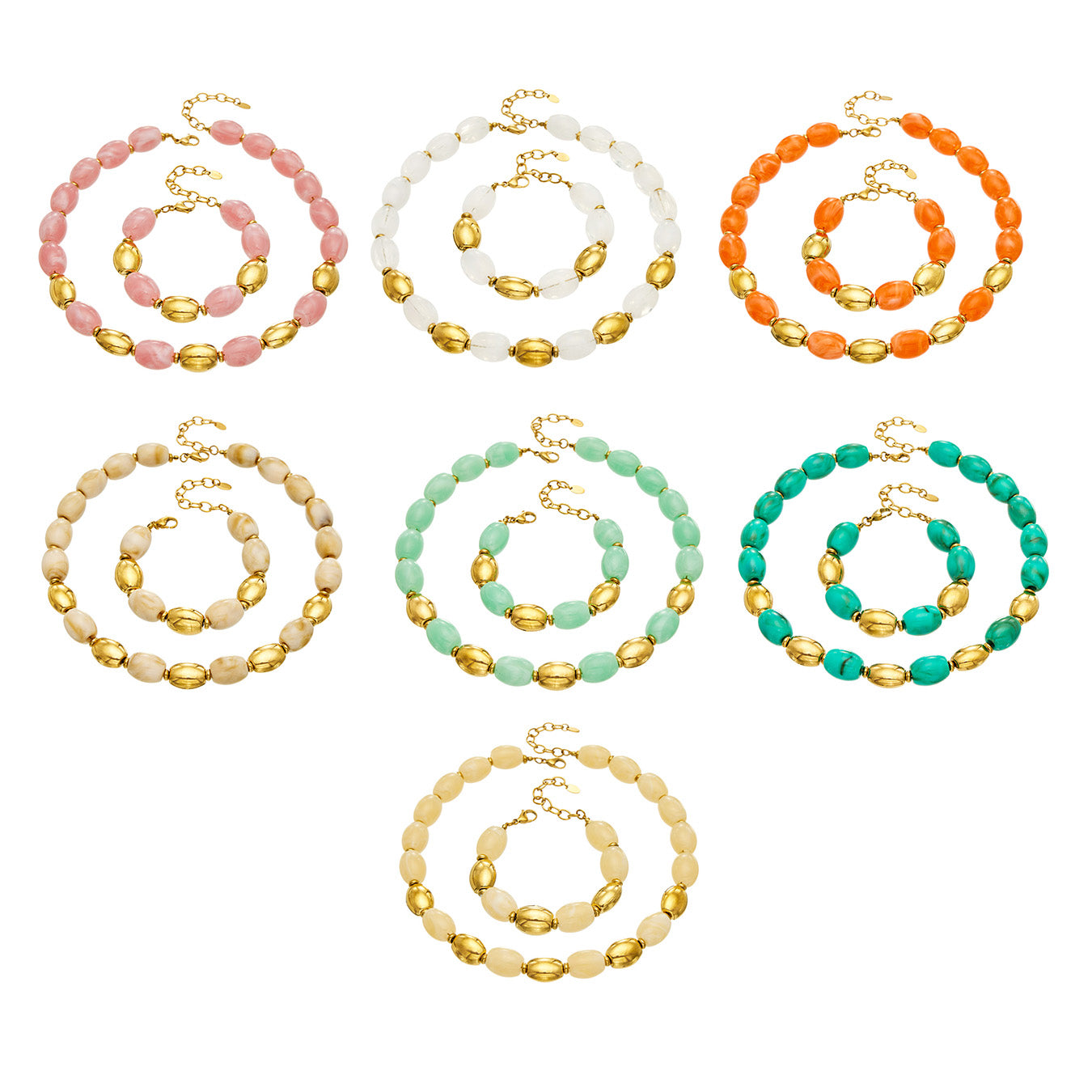 Colorful resin bead necklace and bracelet sets in multiple colorways with 316L stainless steel accents