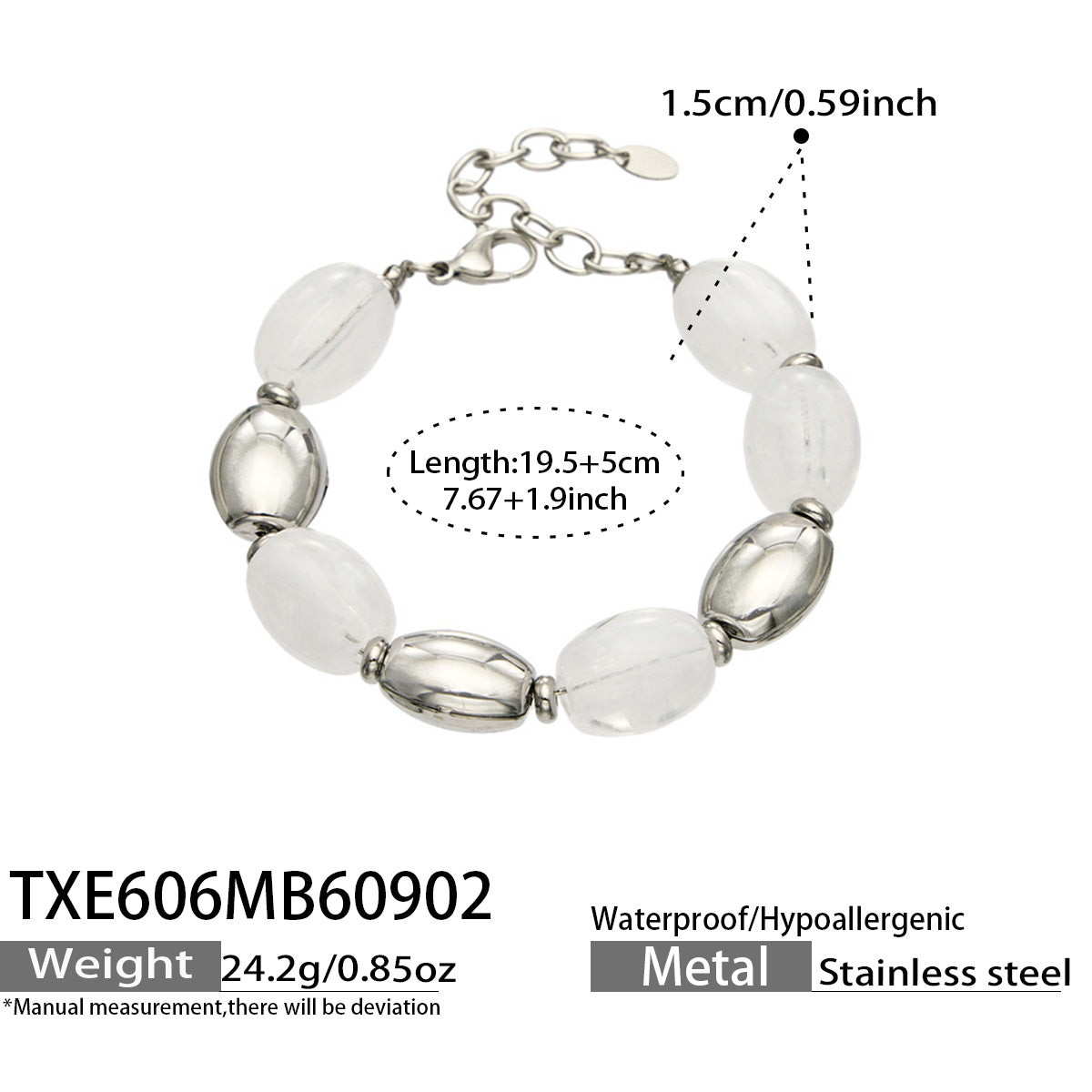 TXE606 White Resin Steel bracelet with resin beads, polished 316L stainless steel accents and 19.5+5 cm size details
