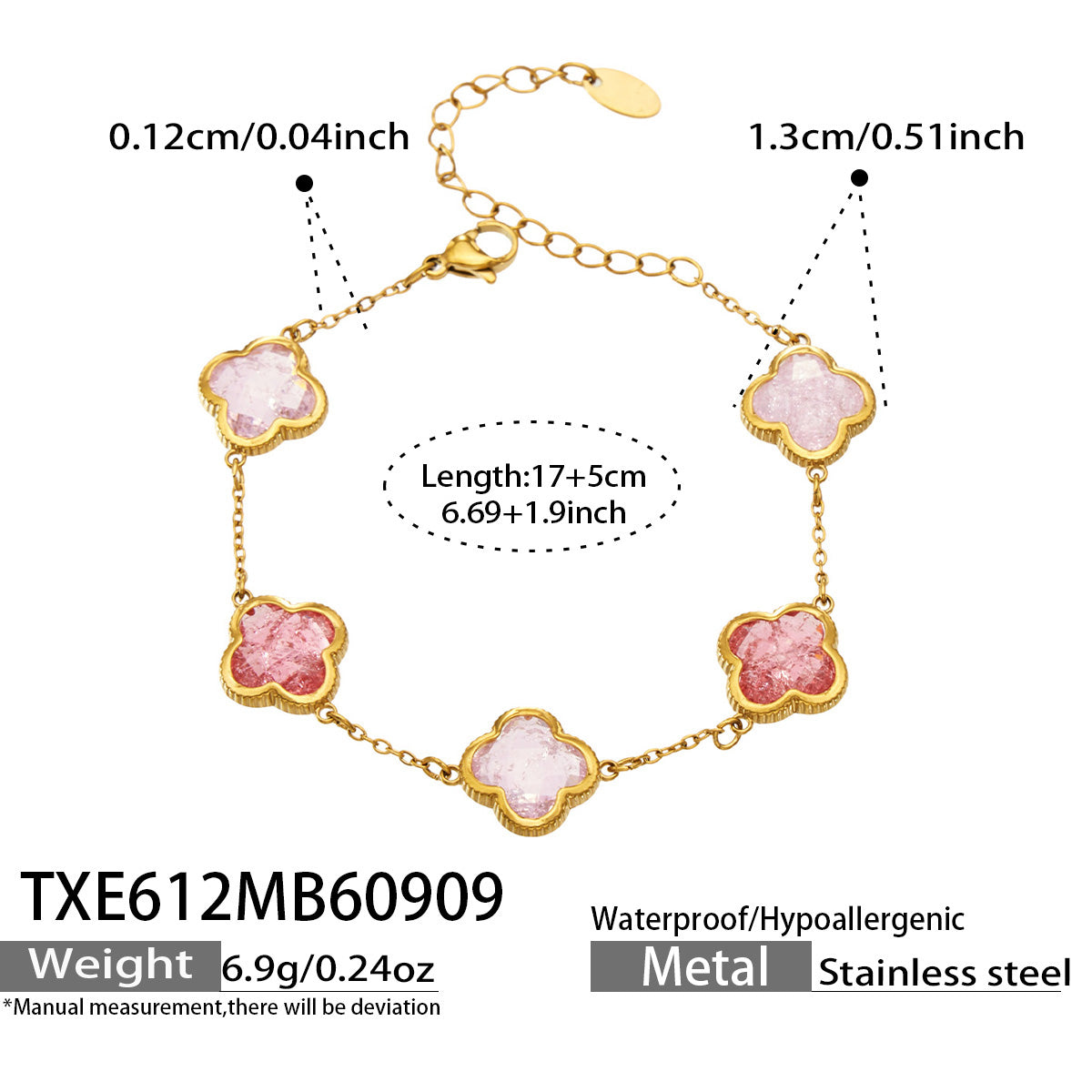 TXE612 mixed pink zircon bracelet size details, 17+5 cm