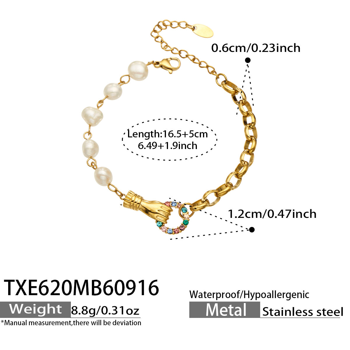 TXE620 multicolor zircon freshwater pearl bracelet with 16.5+5 cm size details