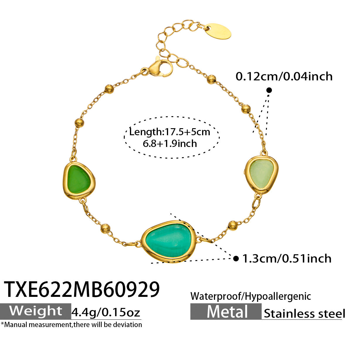 TXE622 green cat eye bracelet with 17.5+5 cm length and product specification details