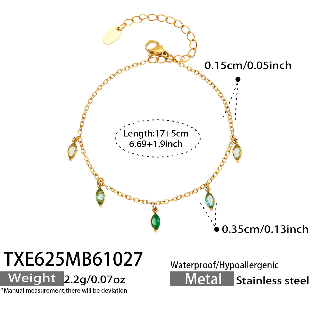 Size diagram for a gold-tone bracelet with green pointed teardrop charms, showing the 17 cm chain and 5 cm extender.