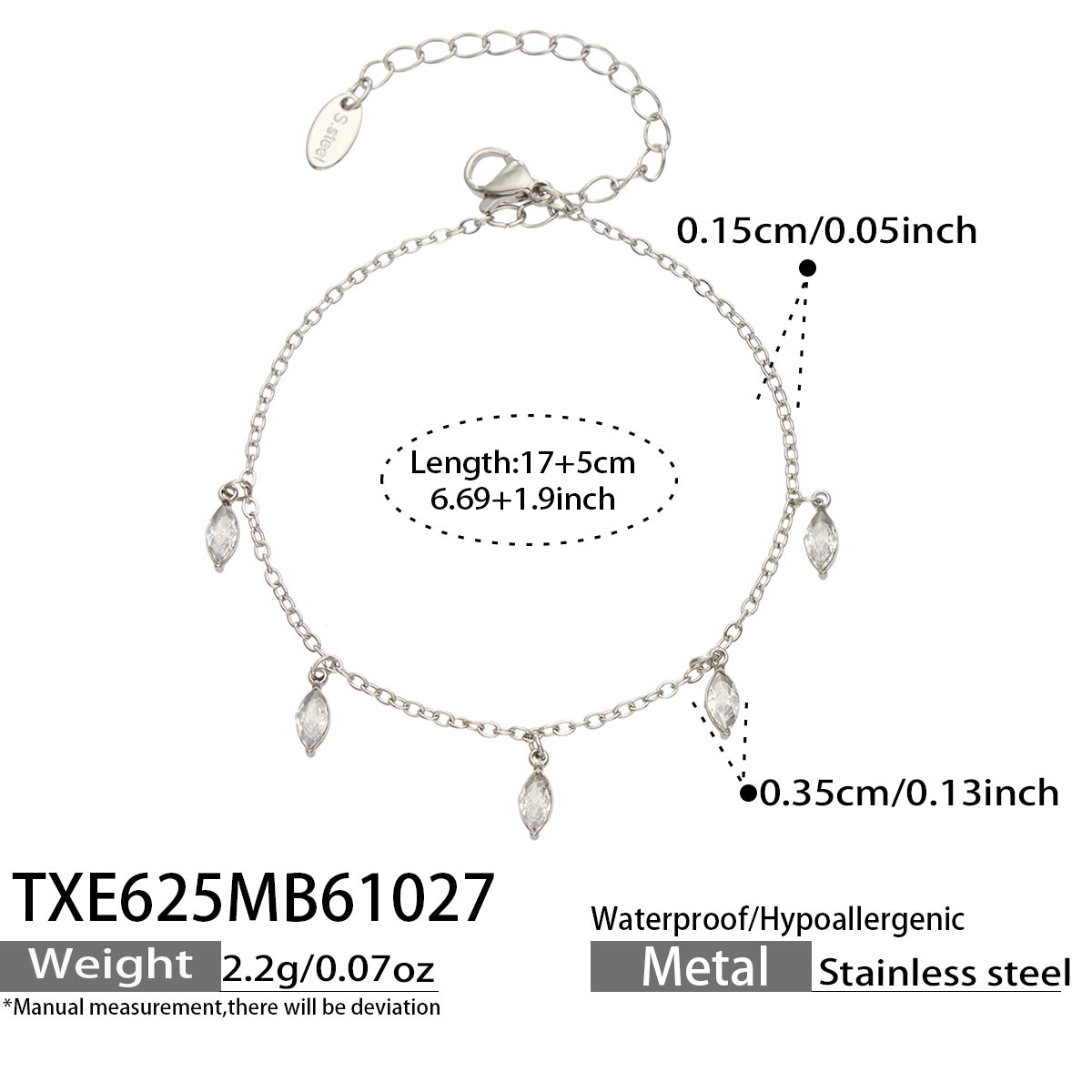 Size diagram for a steel-tone bracelet with clear pointed teardrop charms, showing the 17 cm chain and 5 cm extender.