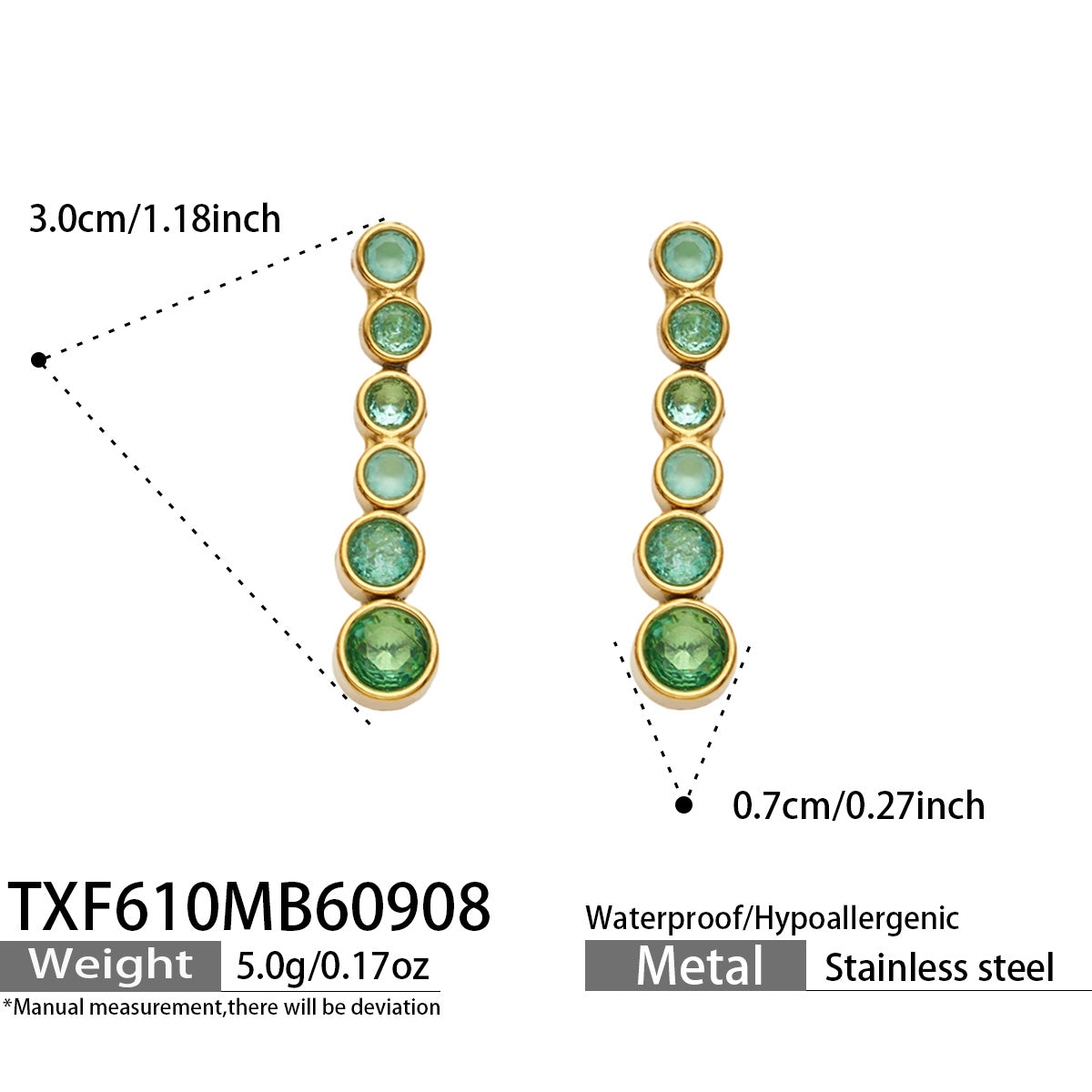 TXF610 green zircon gold-tone earrings size details, 3 x 0.7 cm