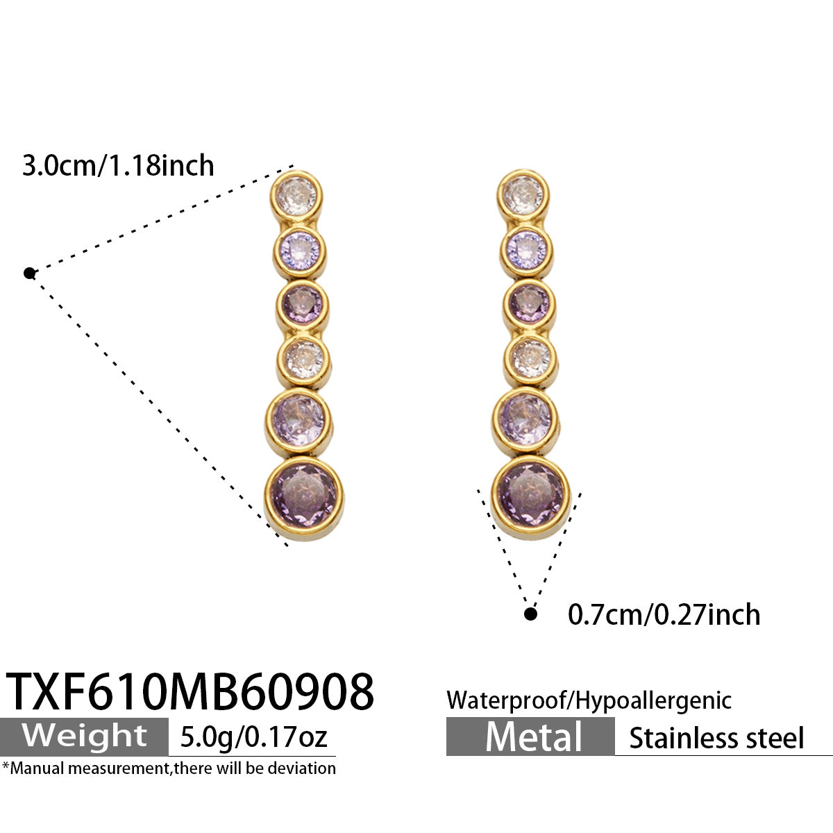 TXF610 purple zircon gold-tone earrings size details, 3 x 0.7 cm