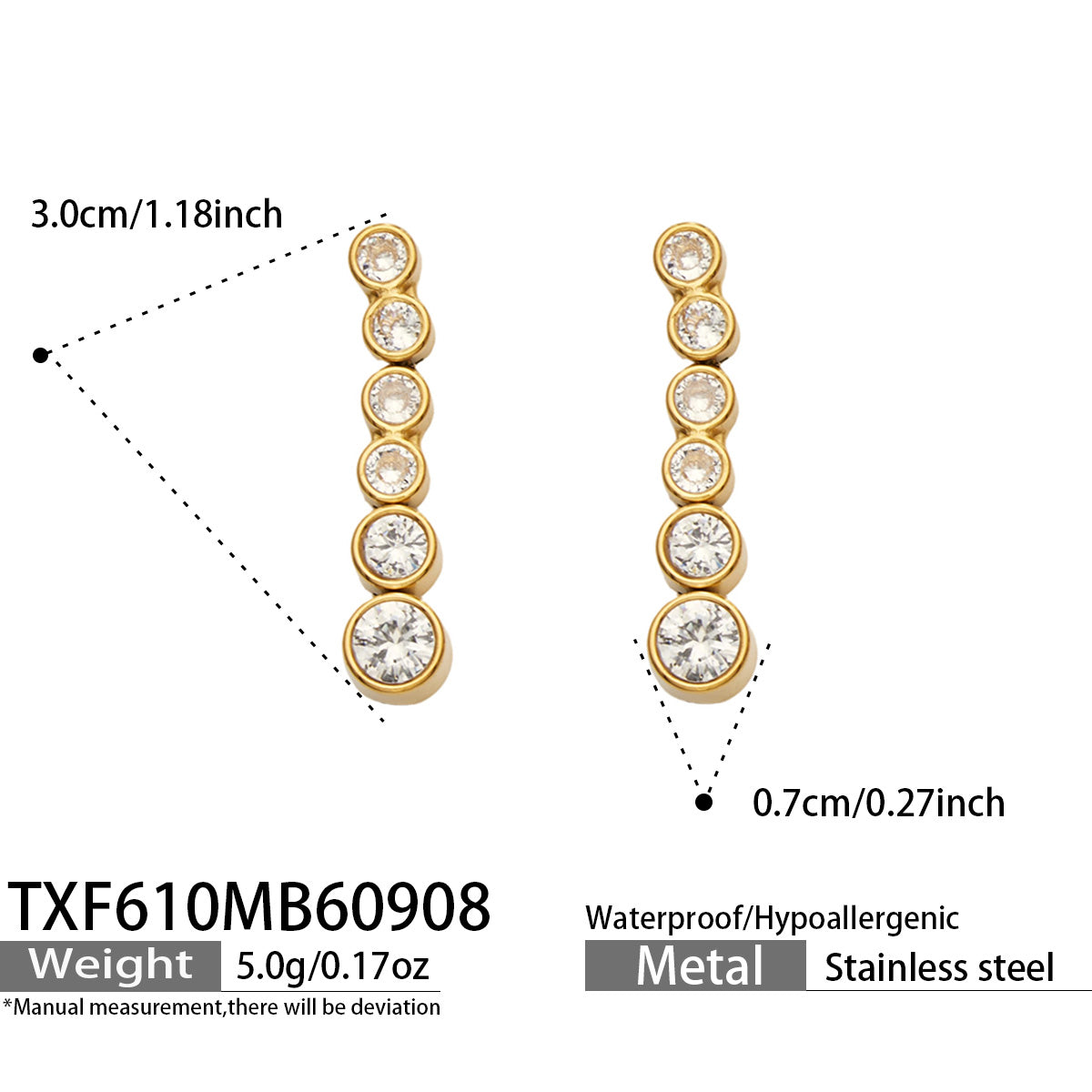 TXF610 white zircon gold-tone earrings size details, 3 x 0.7 cm