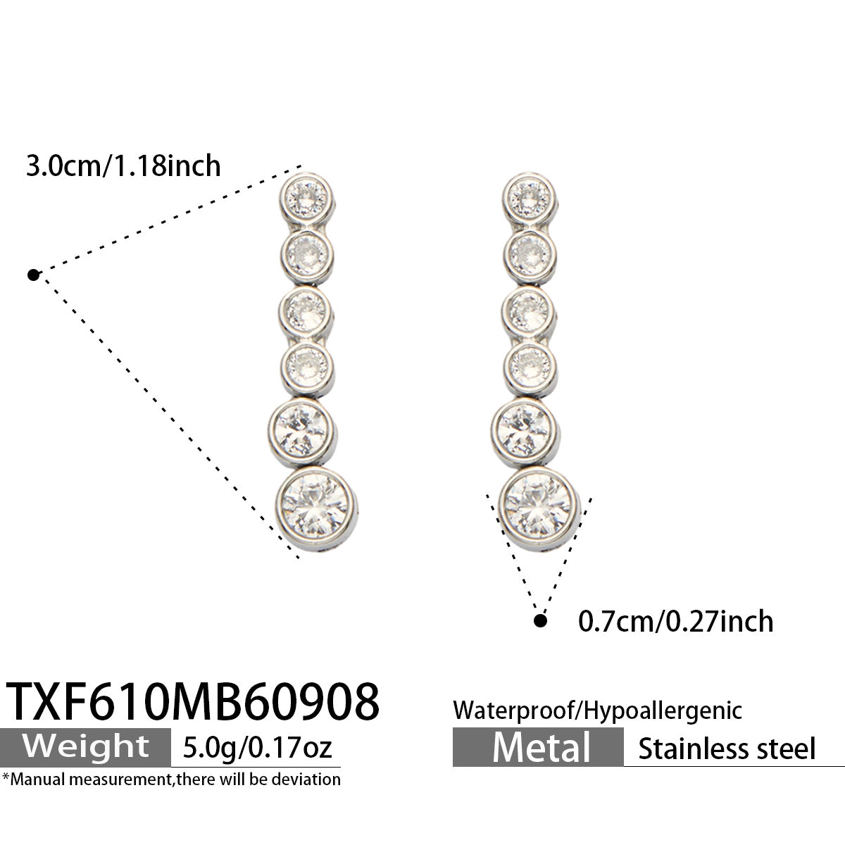 TXF610 white zircon steel-tone earrings size details, 3 x 0.7 cm