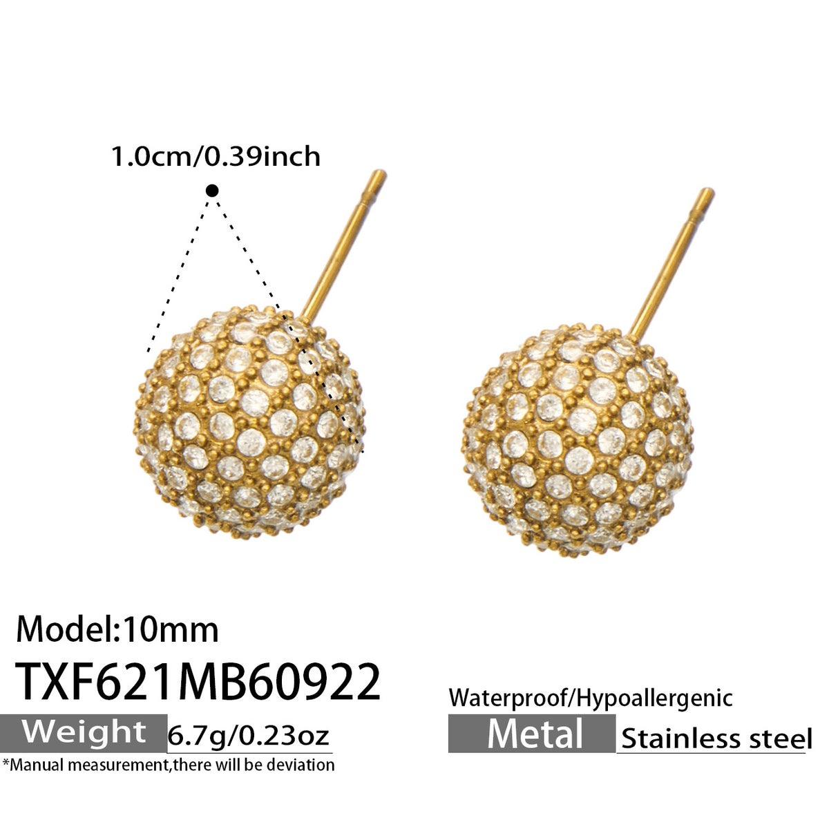 TXF621 10 mm zircon ball stud earrings size and product details