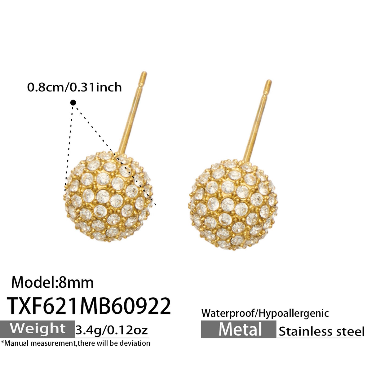 TXF621 8 mm zircon ball stud earrings size and product details