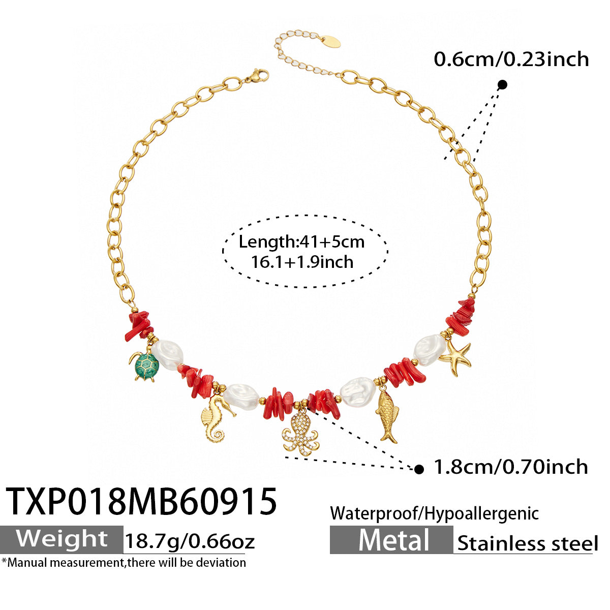 TXP018 gold-tone ocean animal charm necklace 41+5 cm size details