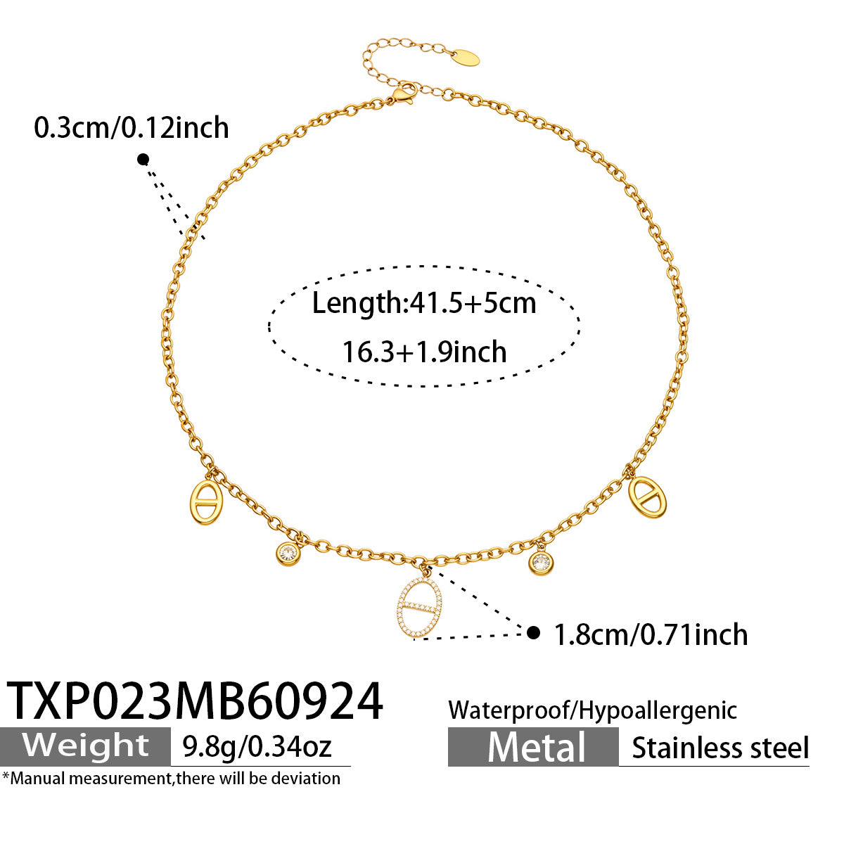 TXP023 gold charm necklace size guide 41.5 plus 5 cm