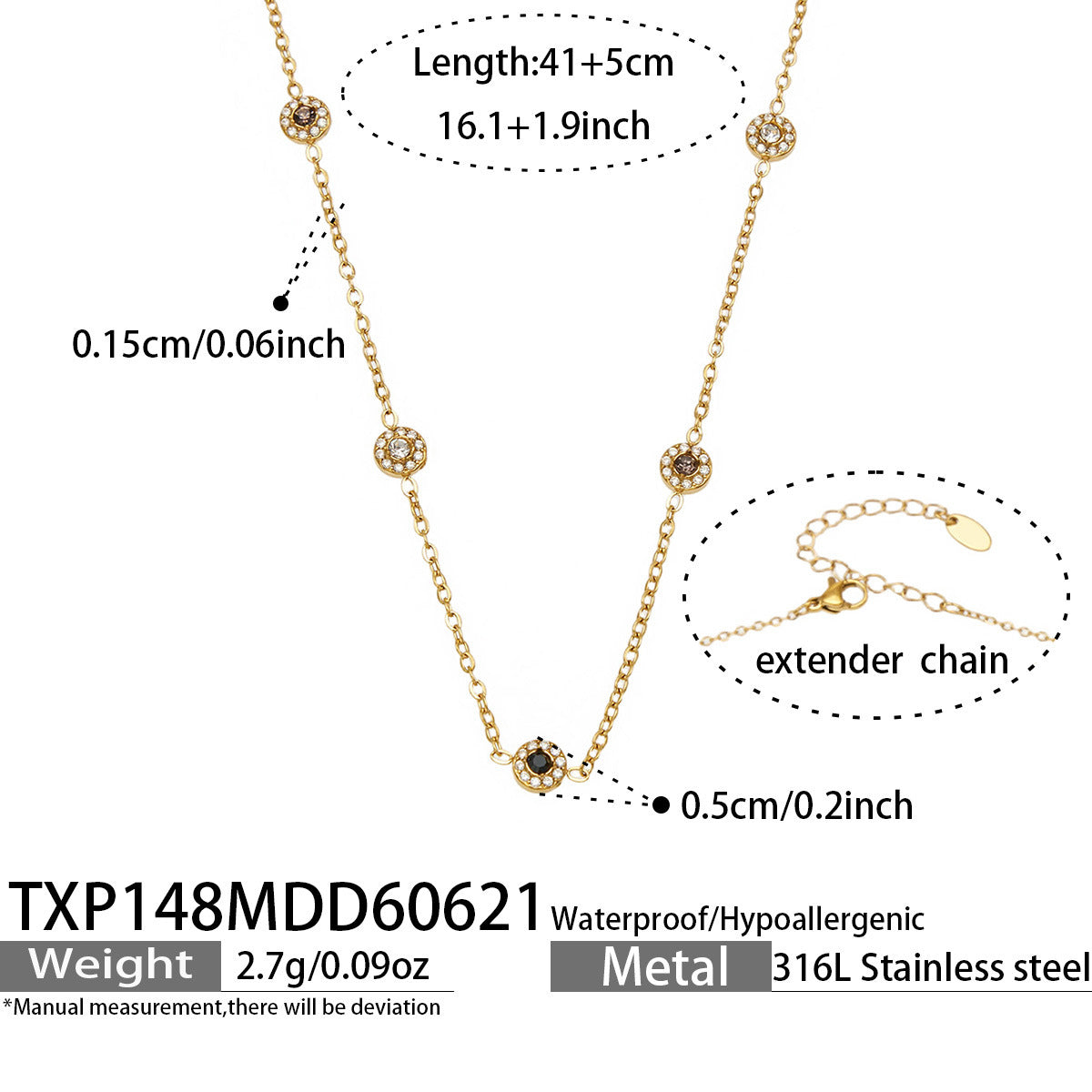 TXP148 black cubic zirconia gold station necklace 41 plus 5 cm size guide