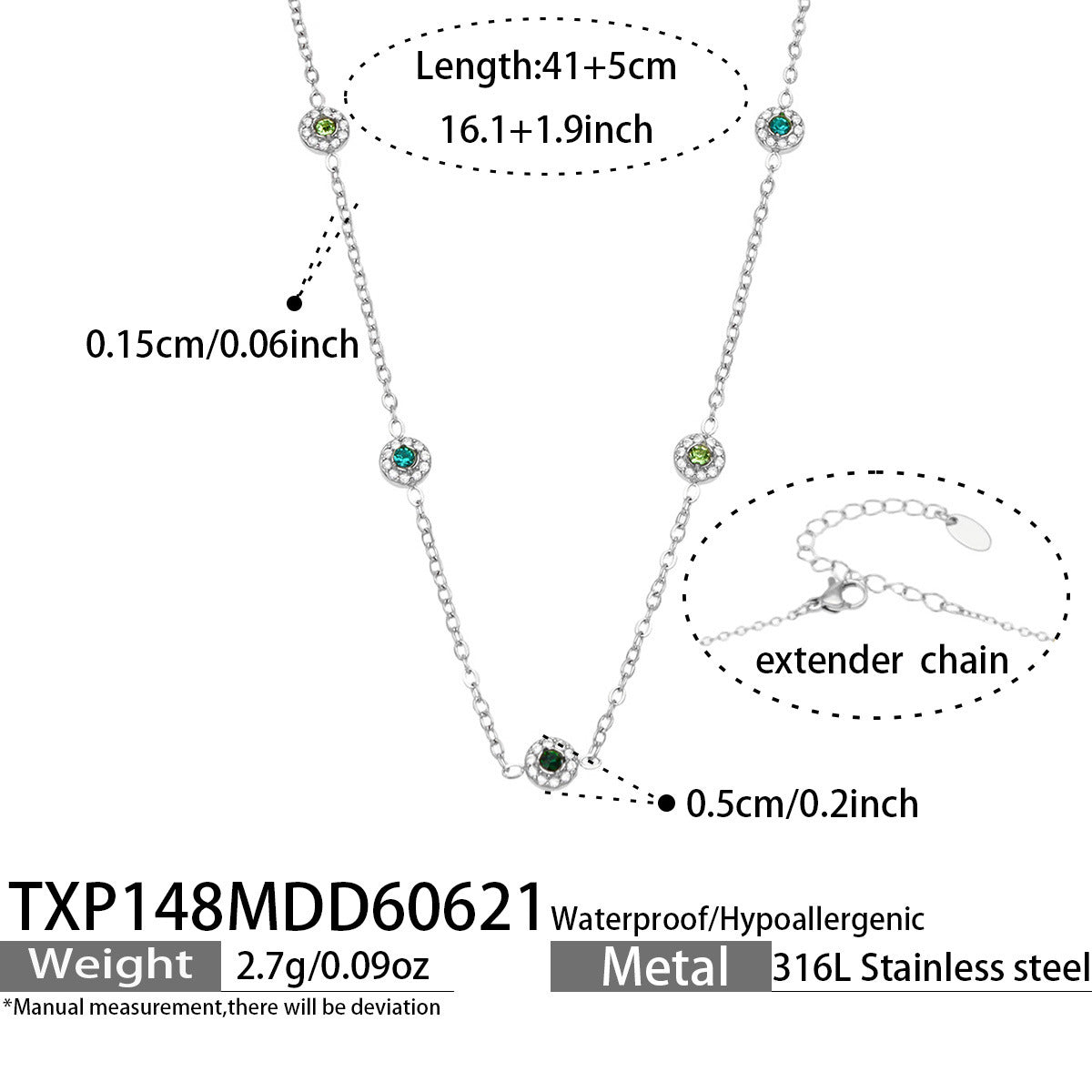 TXP148 green cubic zirconia steel-tone station necklace 41 plus 5 cm size guide