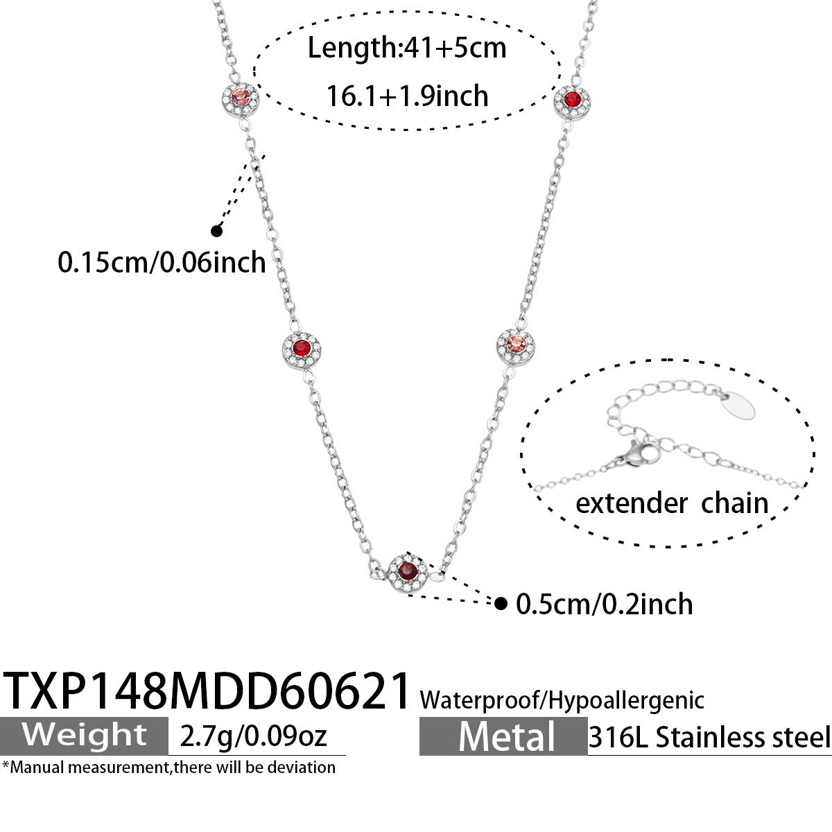 TXP148 red cubic zirconia steel-tone station necklace 41 plus 5 cm size guide