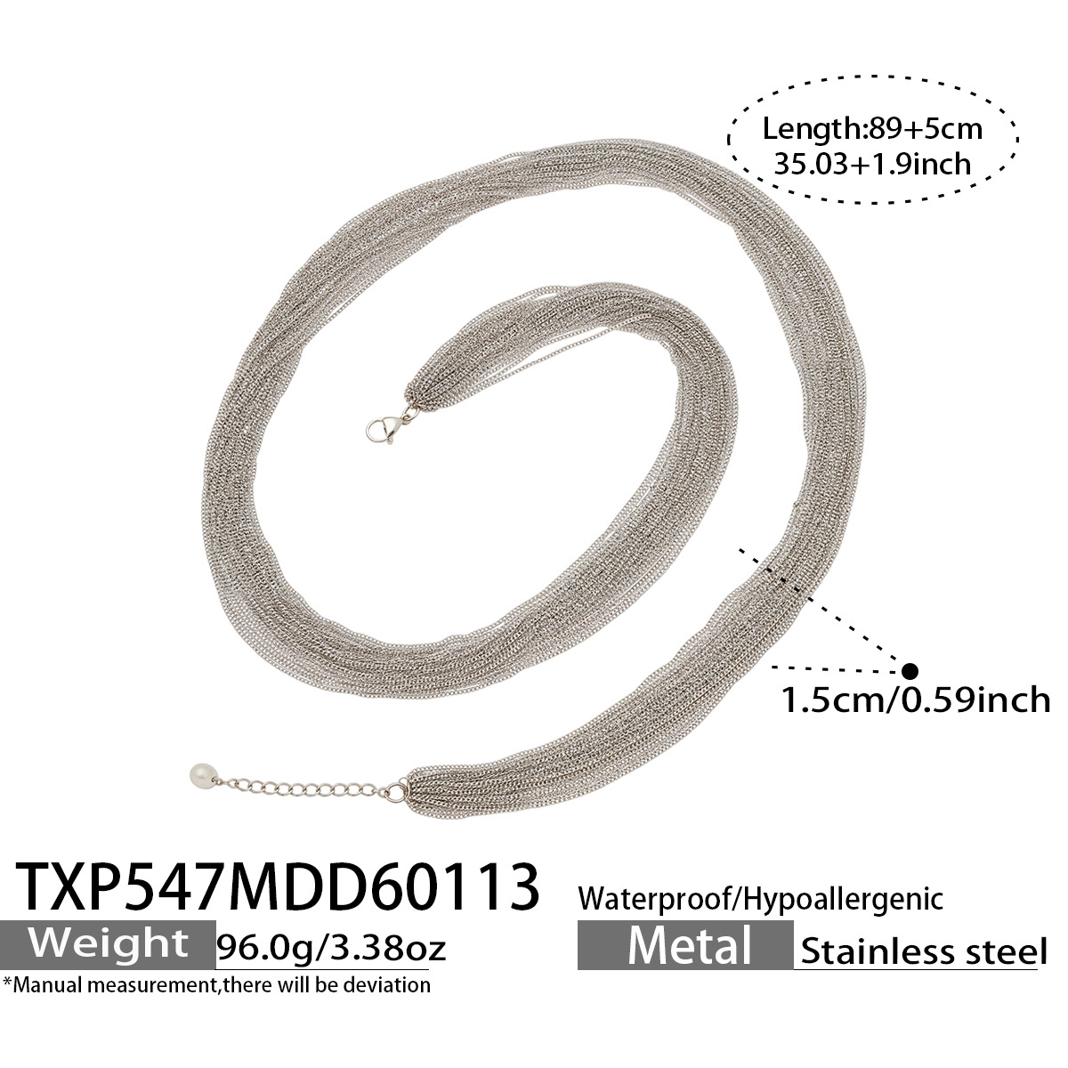TXP547A steel necklace size details, 89+5 cm length and 1.5 cm width