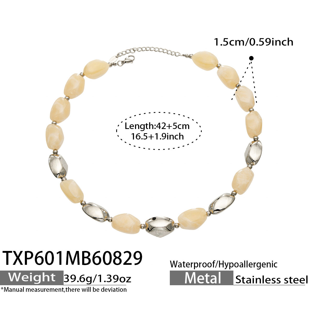 TXP601 and TXE601 white resin jewelry variant with polished steel finish and product measurements
