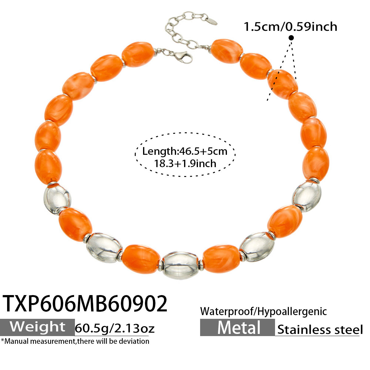 TXP606 Champagne Resin Steel necklace with resin beads, polished 316L stainless steel accents and 46.5+5 cm length details