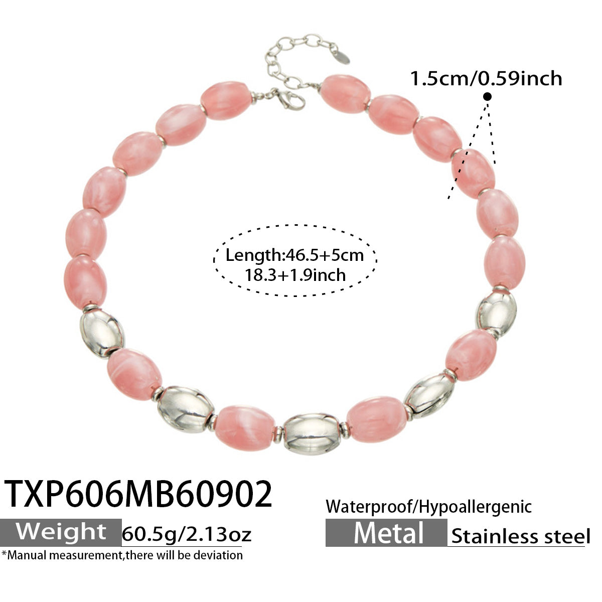 TXP606 Pink Resin Steel necklace with resin beads, polished 316L stainless steel accents and 46.5+5 cm length details