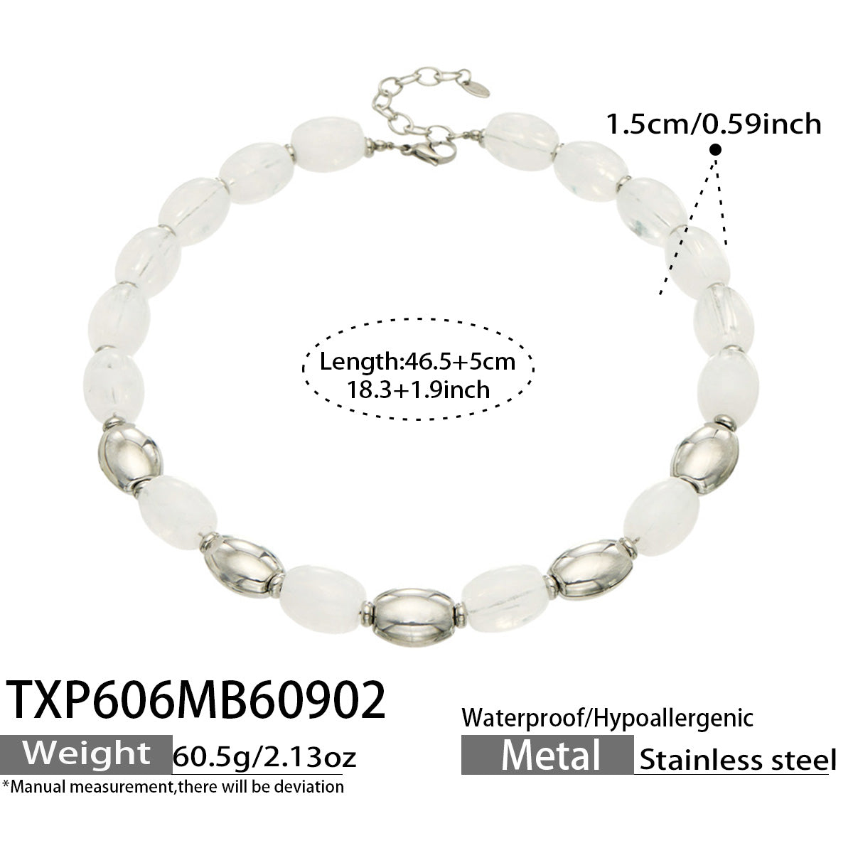 TXP606 White Resin Steel necklace with resin beads, polished 316L stainless steel accents and 46.5+5 cm length details
