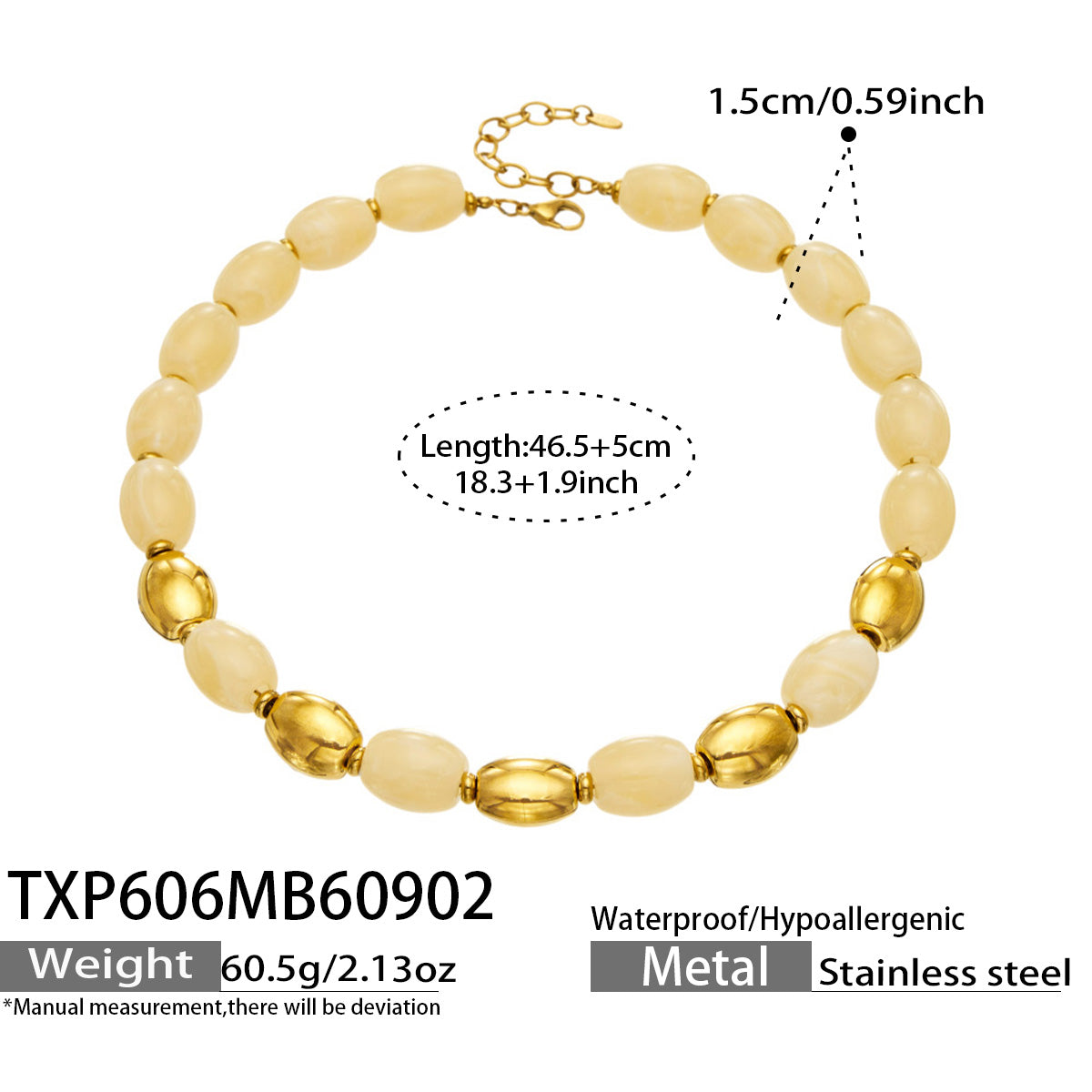 TXP606 Yellow Resin Gold necklace with resin beads, 18K PVD gold finish and 46.5+5 cm length details