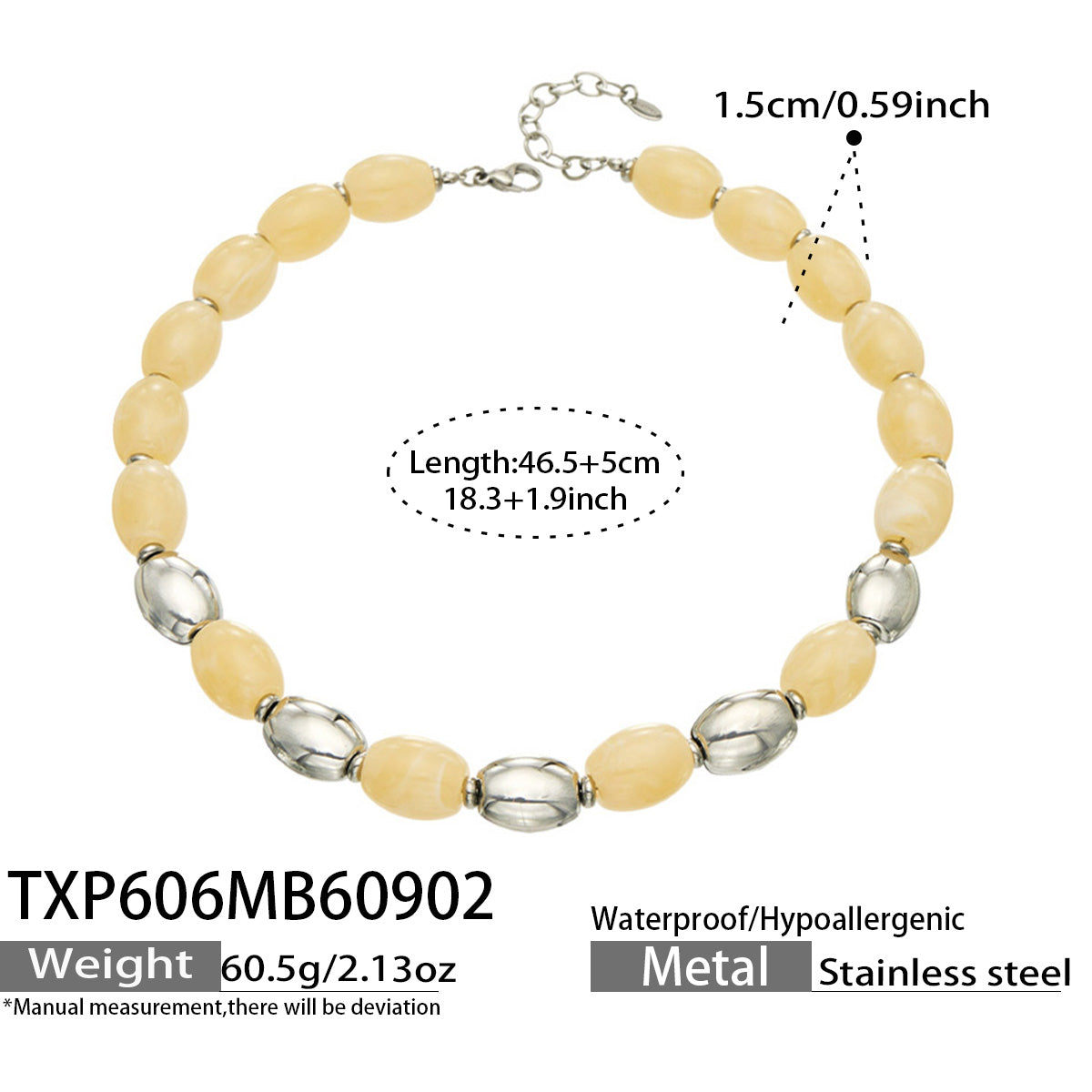 TXP606 Yellow Resin Steel necklace with resin beads, polished 316L stainless steel accents and 46.5+5 cm length details