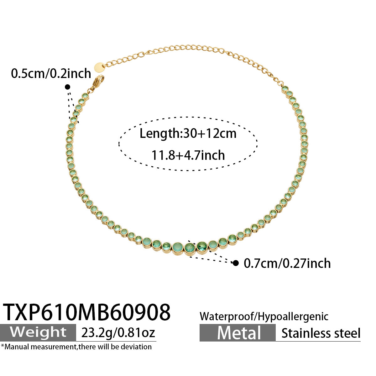 TXP610 green zircon gold-tone necklace size details, 30+12 cm