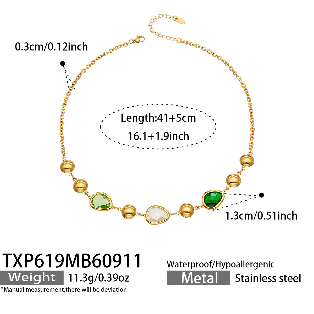 TXP619 green glass stone necklace size details