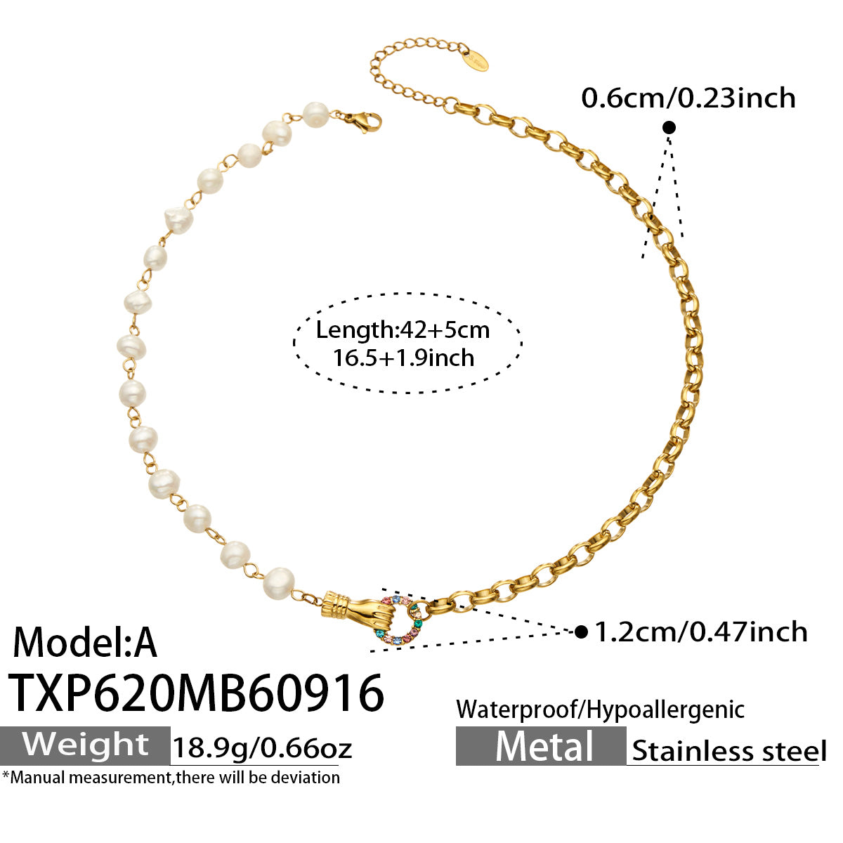 TXP620 Model A multicolor zircon freshwater pearl necklace with 42+5 cm length details