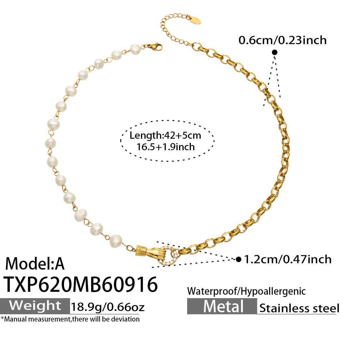 TXP620 Model A white zircon freshwater pearl necklace with 42+5 cm length details