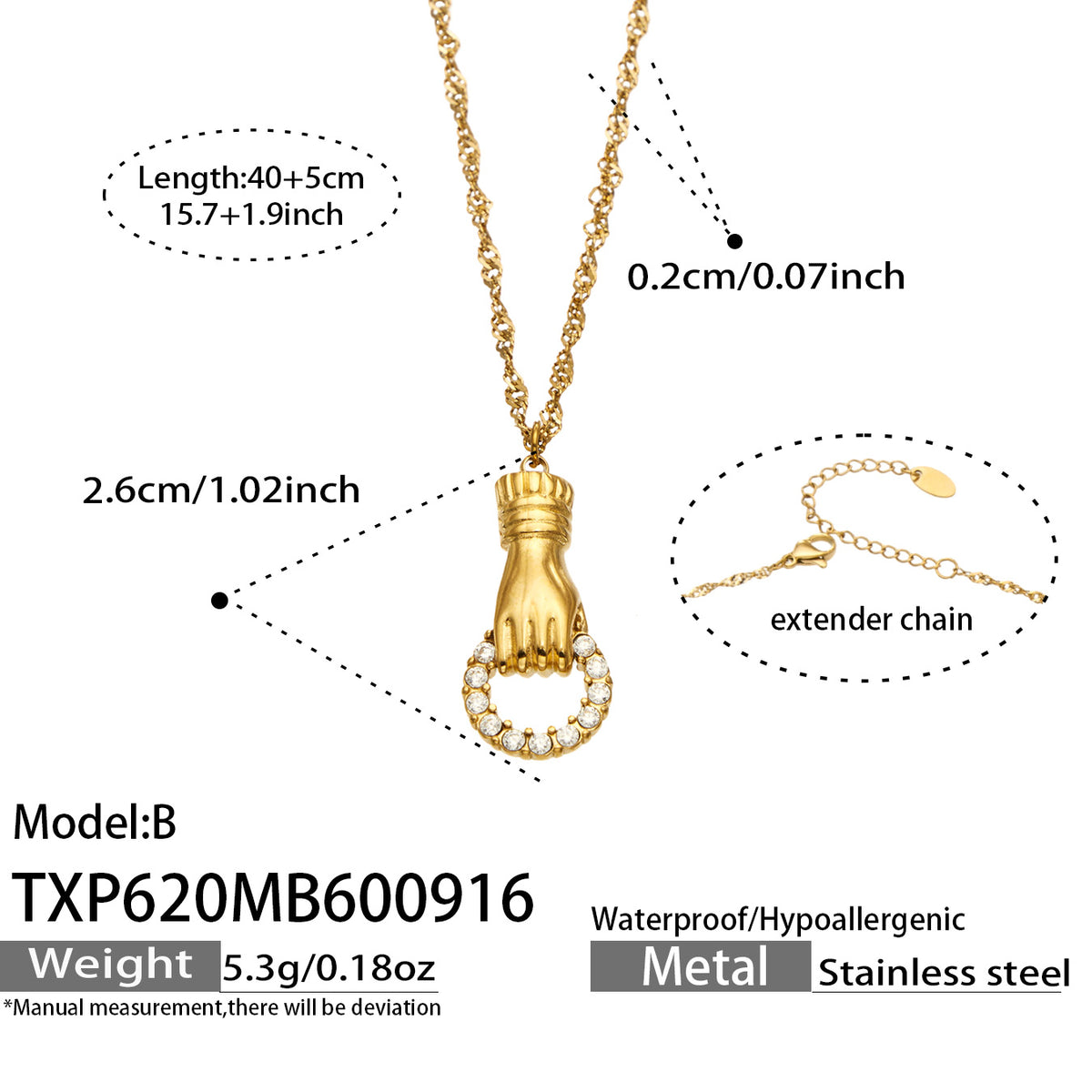 TXP620 Model B white zircon pendant necklace with 40+5 cm length details