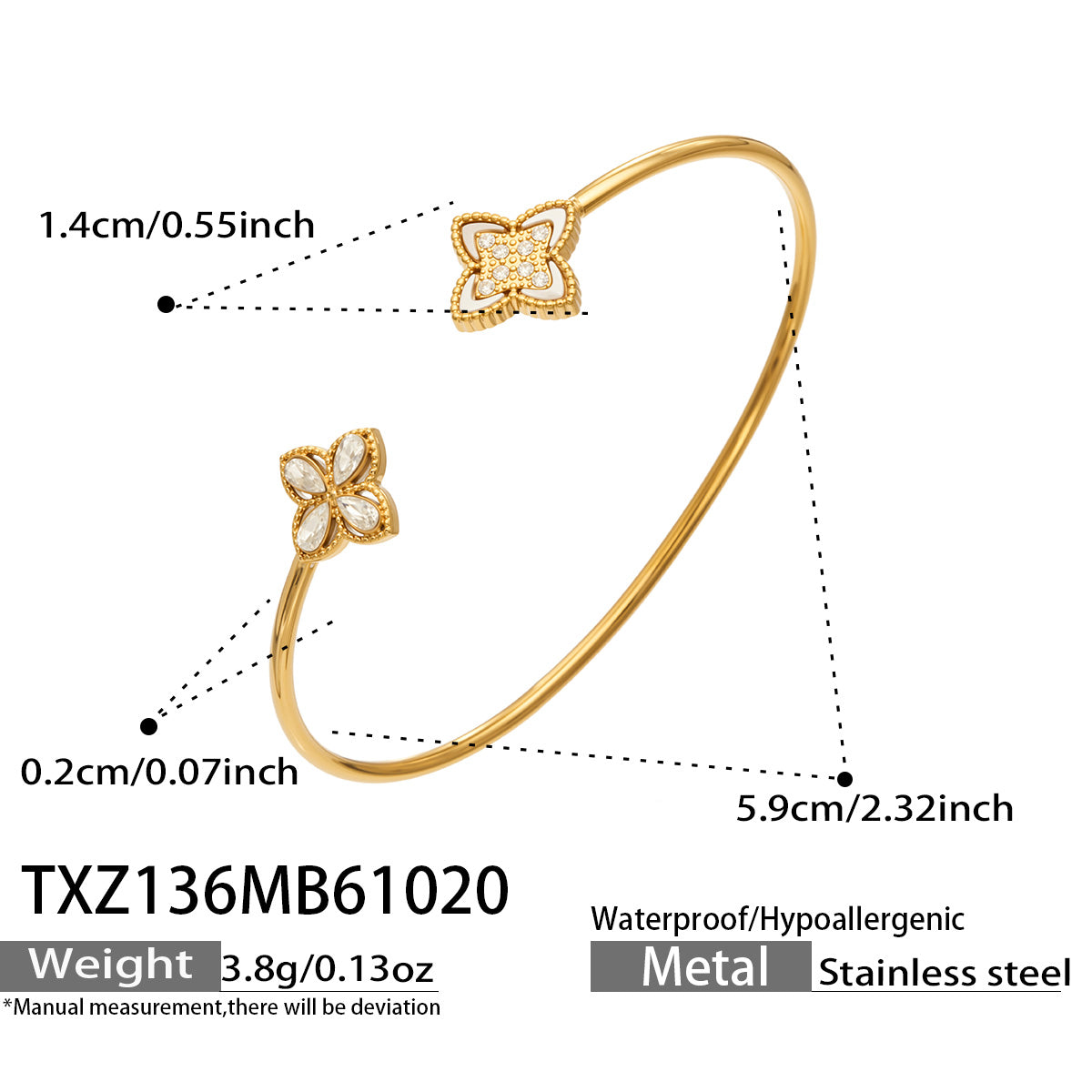 TXZ136 gold-tone floral open bangle size guide showing approximately 5.9 cm across and 3.8 g weight